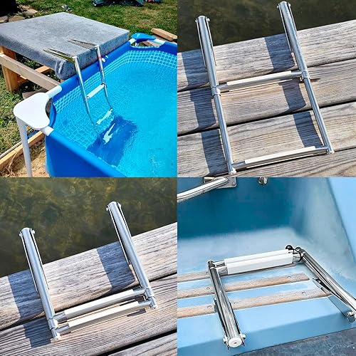 Miniatura 6 de YOUNG MARINE Escalera telescópica y plegable de acero inoxidable de 4 escalones con estribo de plástico blanco, montaje sobre plataforma