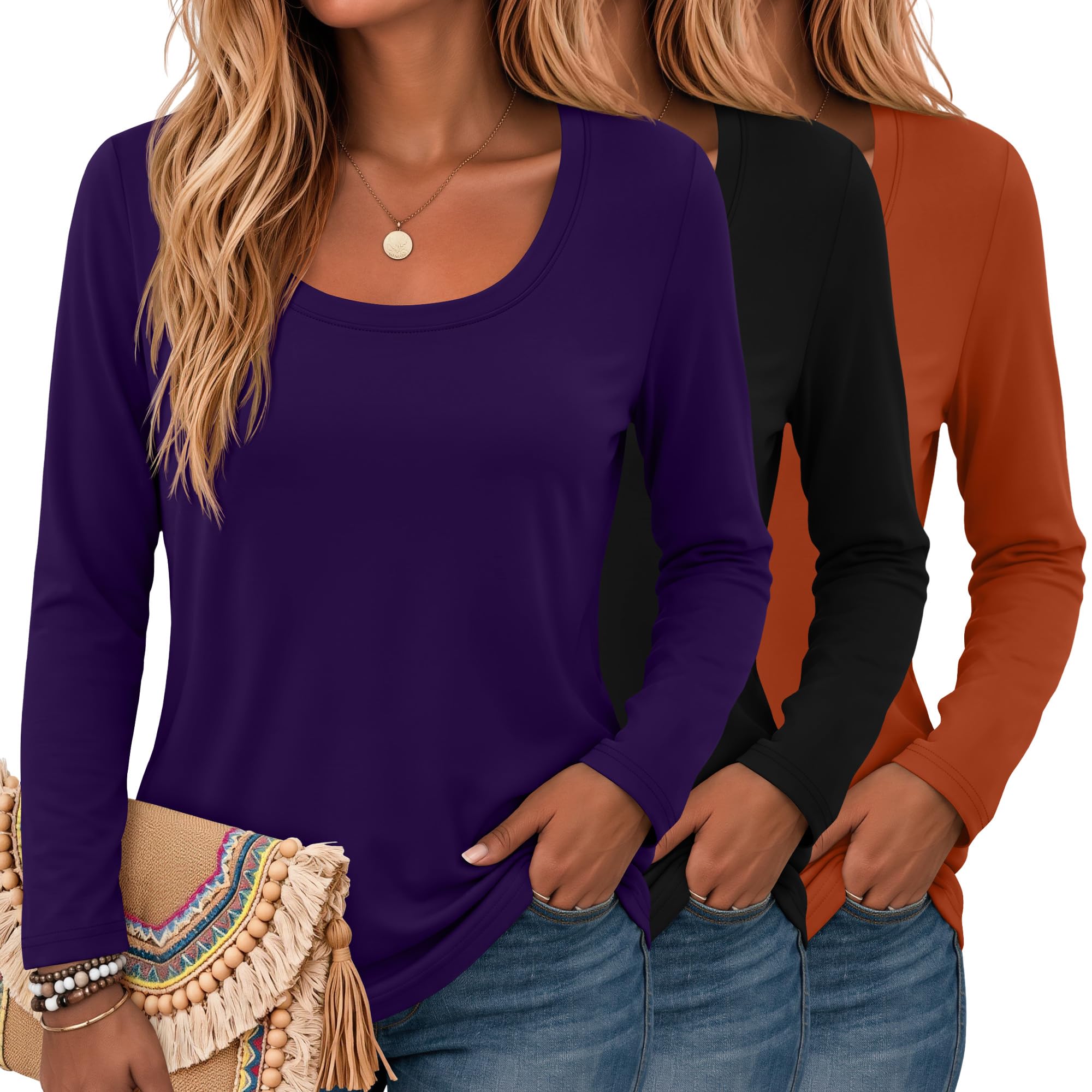 Neer Lot de 3 hauts à manches longues et col rond pour femme, coupe ample, décontracté, pour l'automne