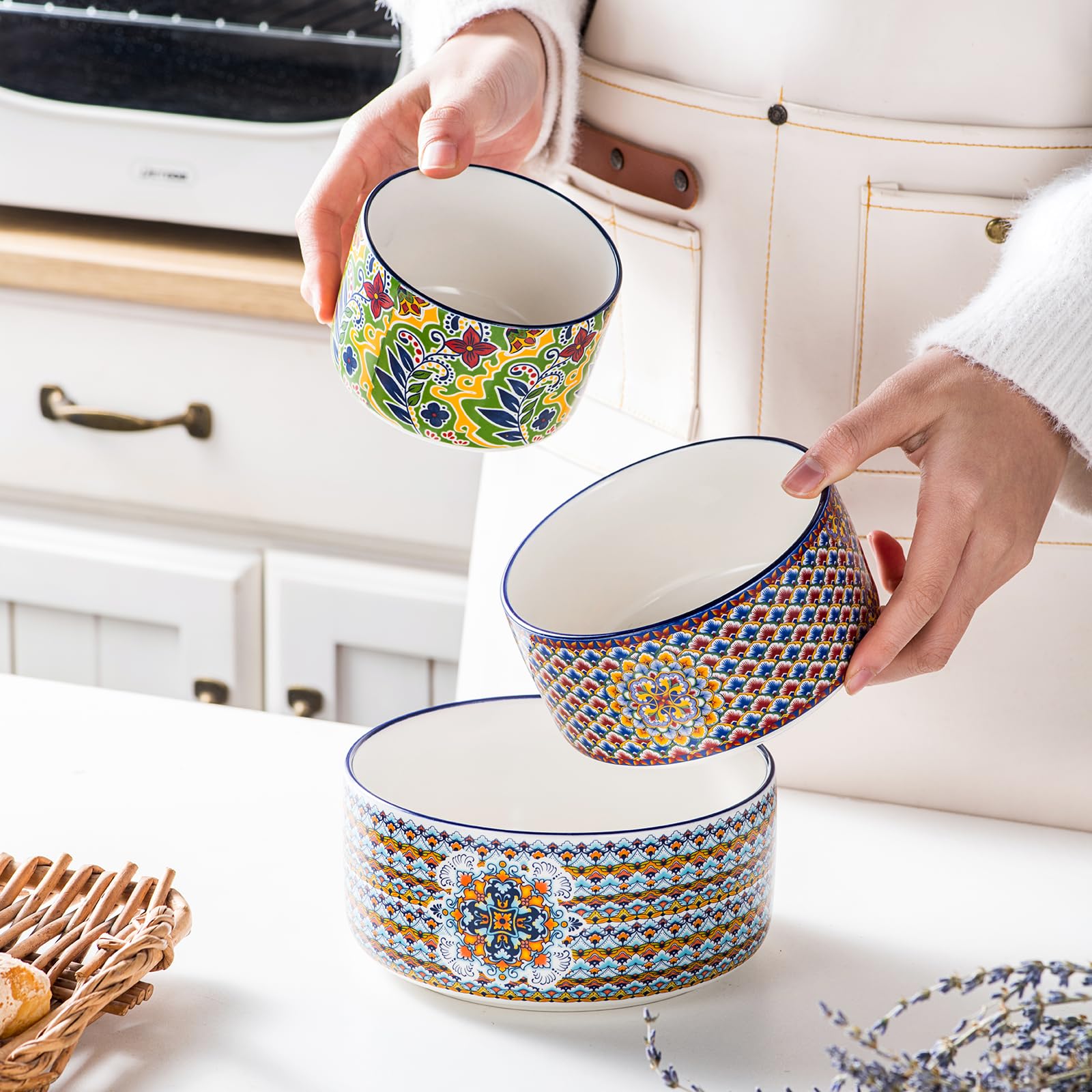 HENXFEN LEAD Servierschalen mit Deckel 3 teilig, Salatschüssel 330/600/950ml, Suppenschalen für Reste, Suppe, Müsli, Mittagessen, Bunte Müslischale - Bohemian Style