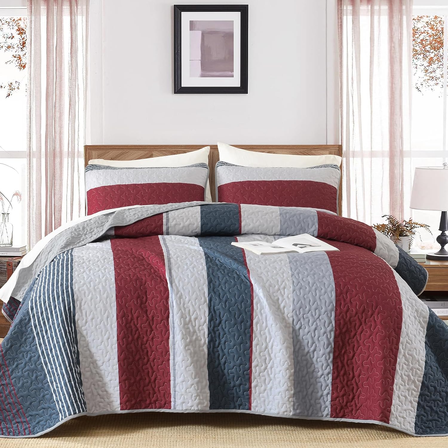 Dinjoy Boho Quilt King Size,Red Striped Bedding Sets Patchwork Bedspread, 3 Pieces Lightweight Micofiber Coverlet Sets with 2 Pillowshams for All Season (104"x90")