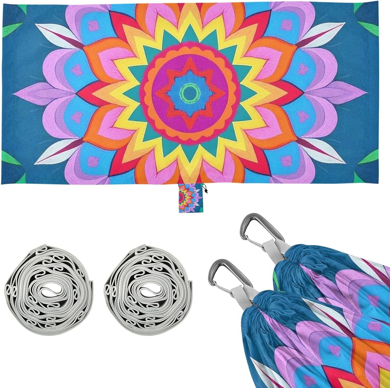 Mandala Floral Colorful Cyan Camping Hammock Rope Hammock for Indoor Outdoor Patio