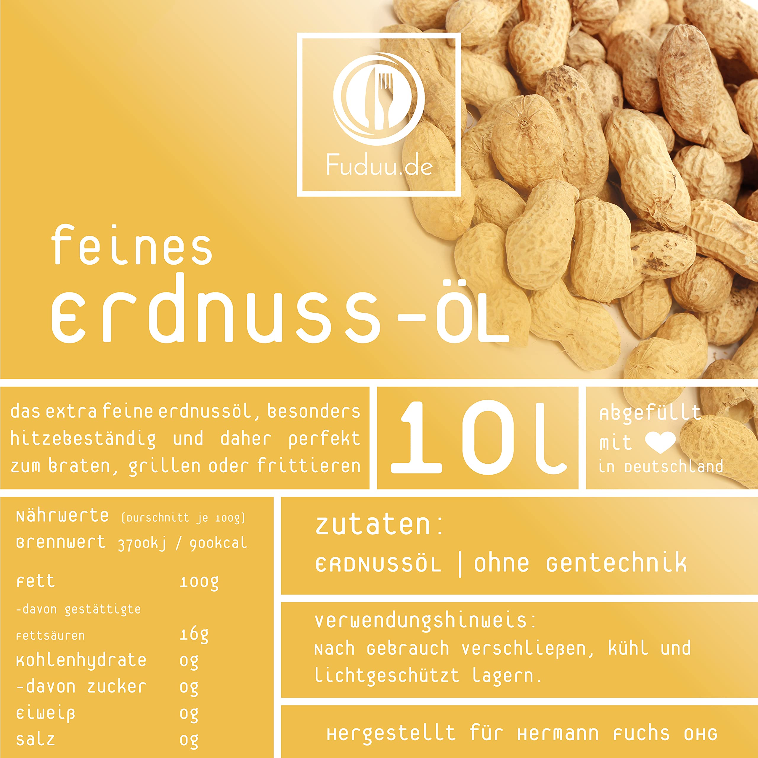 Fuduu.de - Erdnussöl, 10 L, Speiseöl zum braten, frittieren oder kochen, sehr hoch erhitzbares Bratöl, Frittieröl als Alternative zu Frittierfett, vegan & glutenfrei