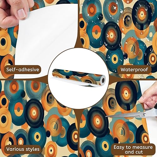 Miniatura 6 de Peel and Stick Wallpaper Countertop Contact Paper Abstract Retro Vinyl Records Warm Tones Circular Design Self Adhesive Wallpaper for Cabinets