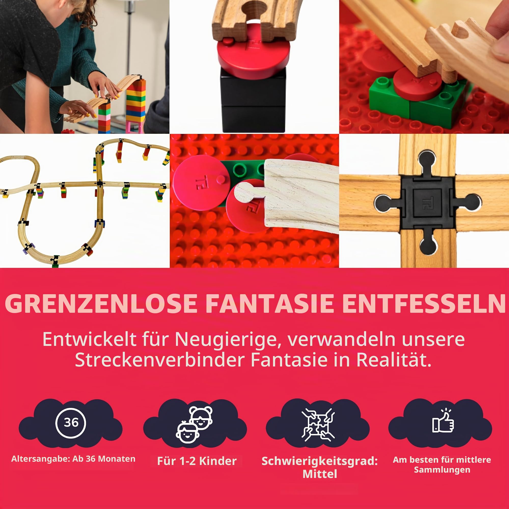 TOY2 Allround Large mit 33 Schienenverbindern Kompatibel mit BRIO Eisenbahn & Duplo Bausteine - Bauset 6 Verschiedene Track Connectors - Nachhaltige Holzeisenbahn und Holzschienen Set Verbinder