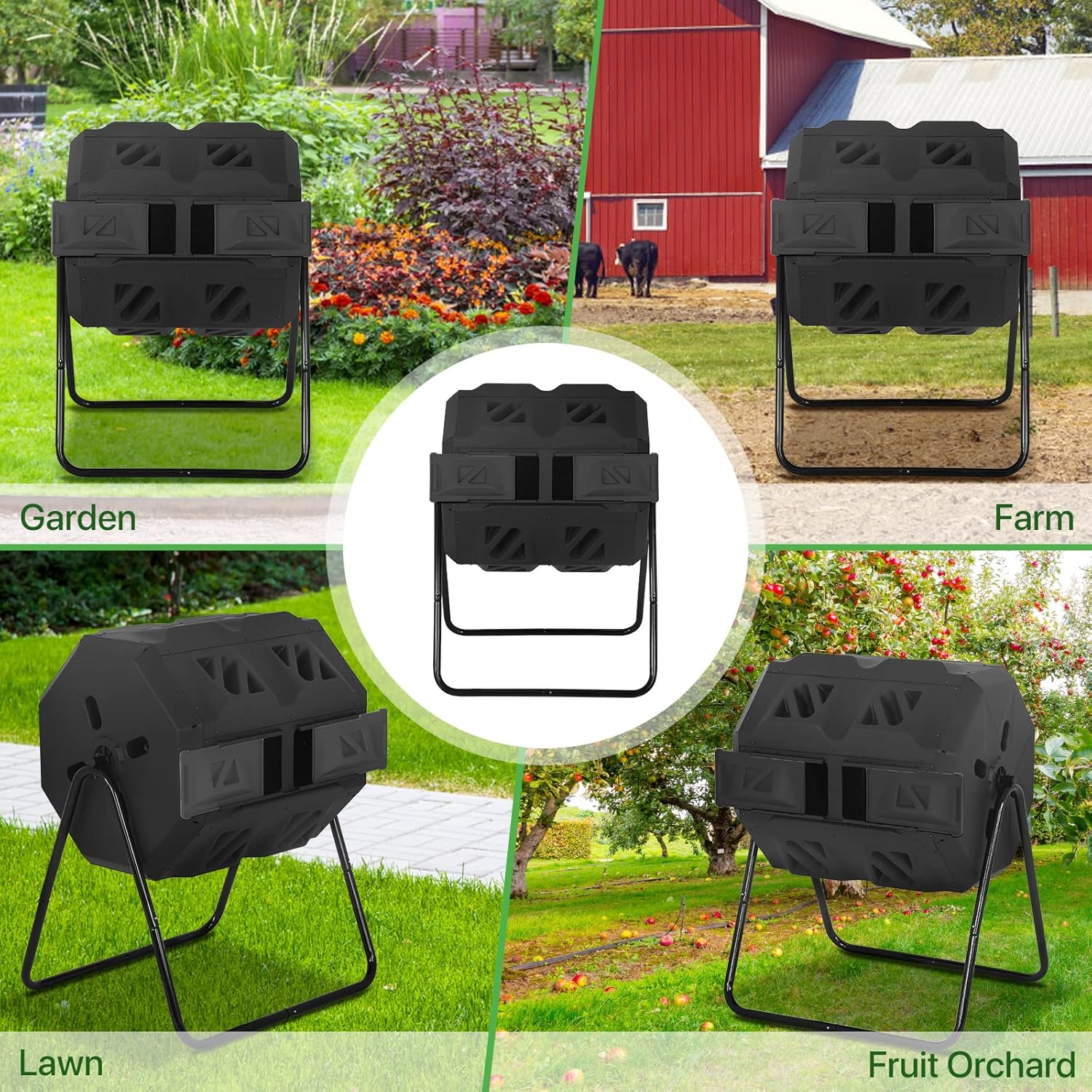 43 Gallon Outdoor Compost Bin Large Tumbling Composter Garden Dual Composting Bins with Dual Chamber Sliding Doors & Aeration System for Garden Patio, All Season Composter, Black Door