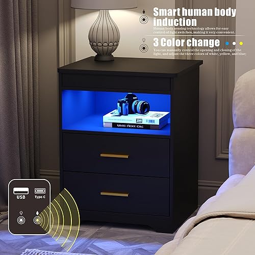 Miniatura 4 de Mesita de noche con cajón para armas, mesa de noche con puerto USB y tipo C, mesita de noche LED con diseño de sensor humano, mesa auxiliar moderna