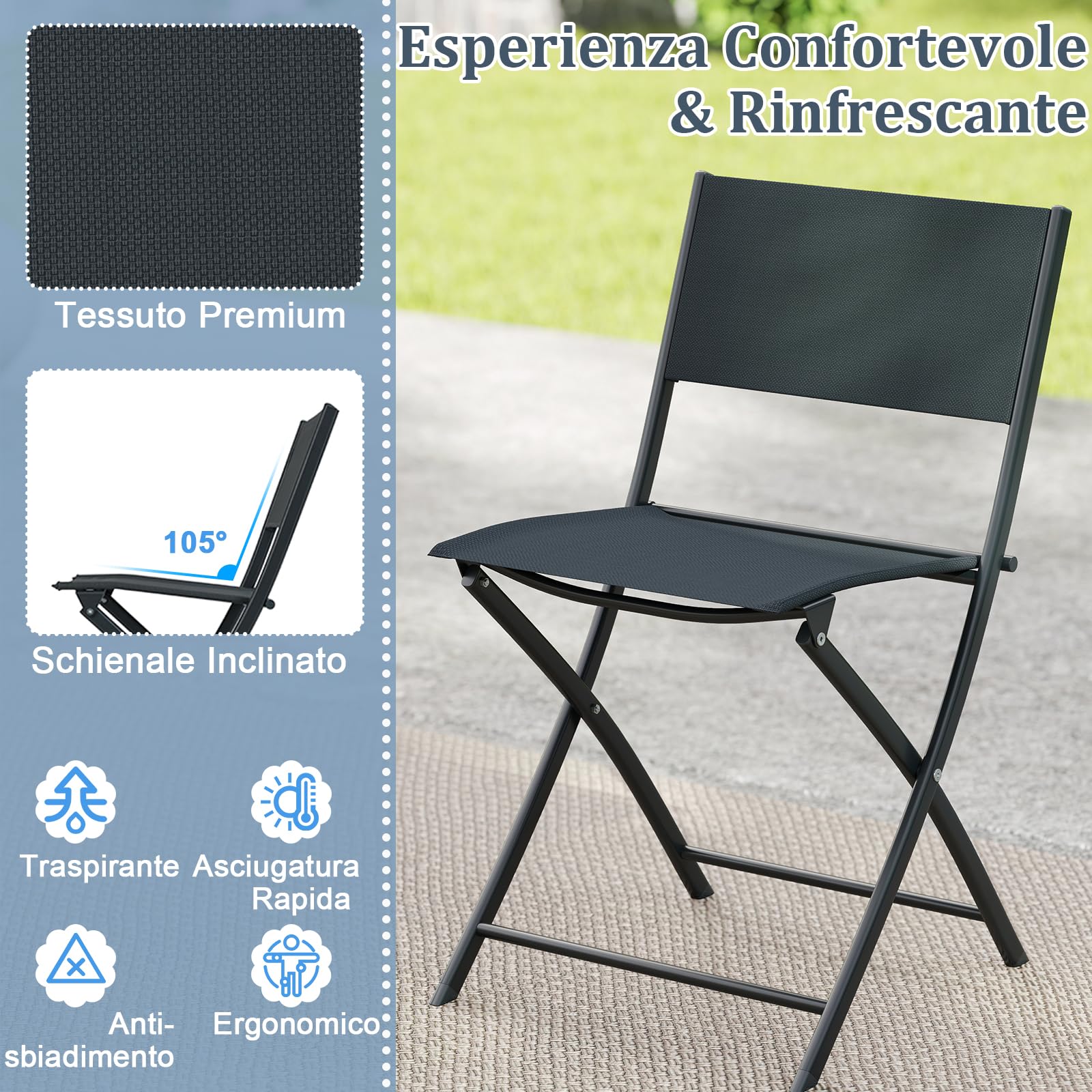 RELAX4LIFE Tavolo da Giardino con Sedie, Set di 3 Pezzi Bistro Pieghevole con Piano in Vetro Temperato e Struttura in Metallo, Portatile per Terrazza Balcone, Portata 160KG+75KG, Nero