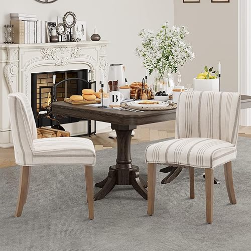 Juego de 2 sillas de comedor rústicas tapizadas de madera maciza, sillas de comedor sin brazos para el hogar, cocina, restaurante, rayas caqui