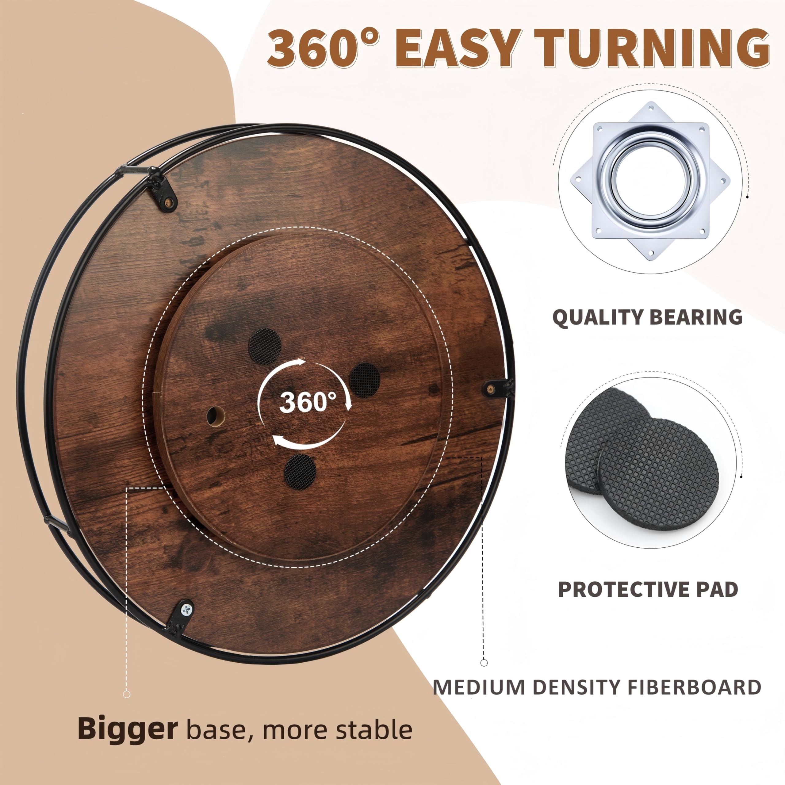 Lazy Susan Drehteller für Tisch, Küche, rustikaler brauner Drehteller, Organizer mit Stahlrahmen, 360 Grad, dekorativ, Lazy Susan für Arbeitsplatte, Schrank oder Tafelaufsätze