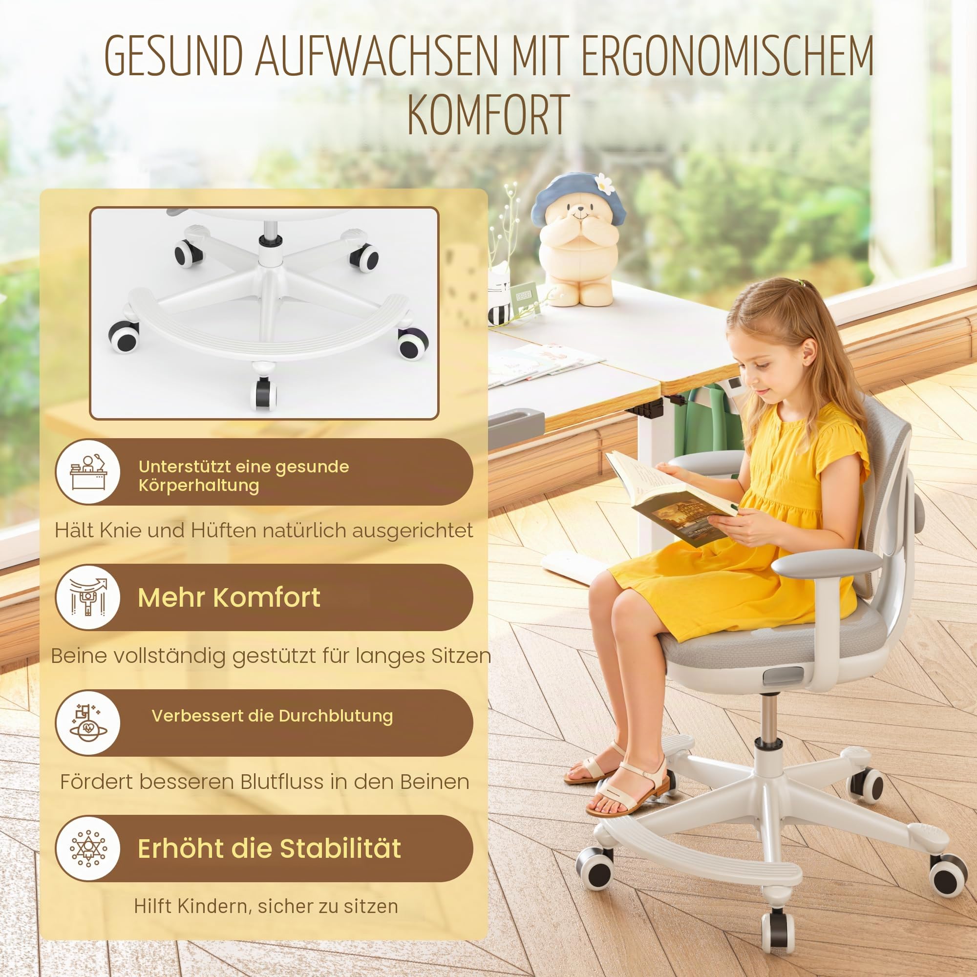 FLEXISPOT Kinderstuhl, Ergonomischer Kinder-Schreibtischstuhl mit Fußablage & Sicherheitsrollen, Höhenverstellbar, Atmungsaktive Rückenlehne, Abnehmbares Kissen, Für Kinder von 3–15 Jahren, Grau