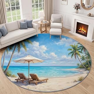 4ft Realistic Oil Painting Round Area Rug, Washable Non-Slip for Bedroom | Soft Low-Pile Ocean Palm Trees Sandy Beach Carpet, Lightweight and Easy to Vacuum, Light Blue Living Rooms, Bedrooms