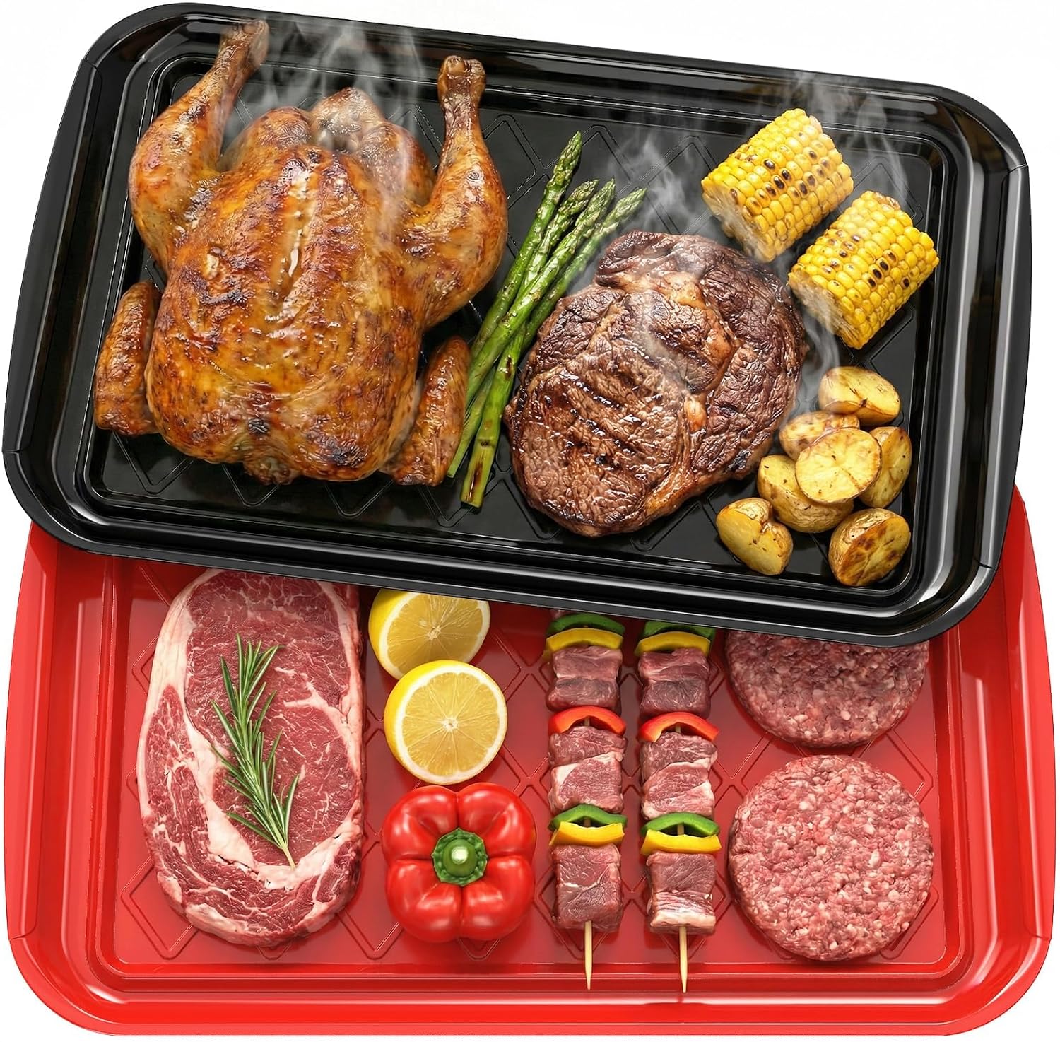 Grilling Prep & Serving Tray, Set of 2 Stackable Plastic BBQ Trays for Raw and Cooked Food, Dishwasher Safe, 17"×10.5" Outdoor Cooking, BBQ Accessories for Parties, Red & Black
