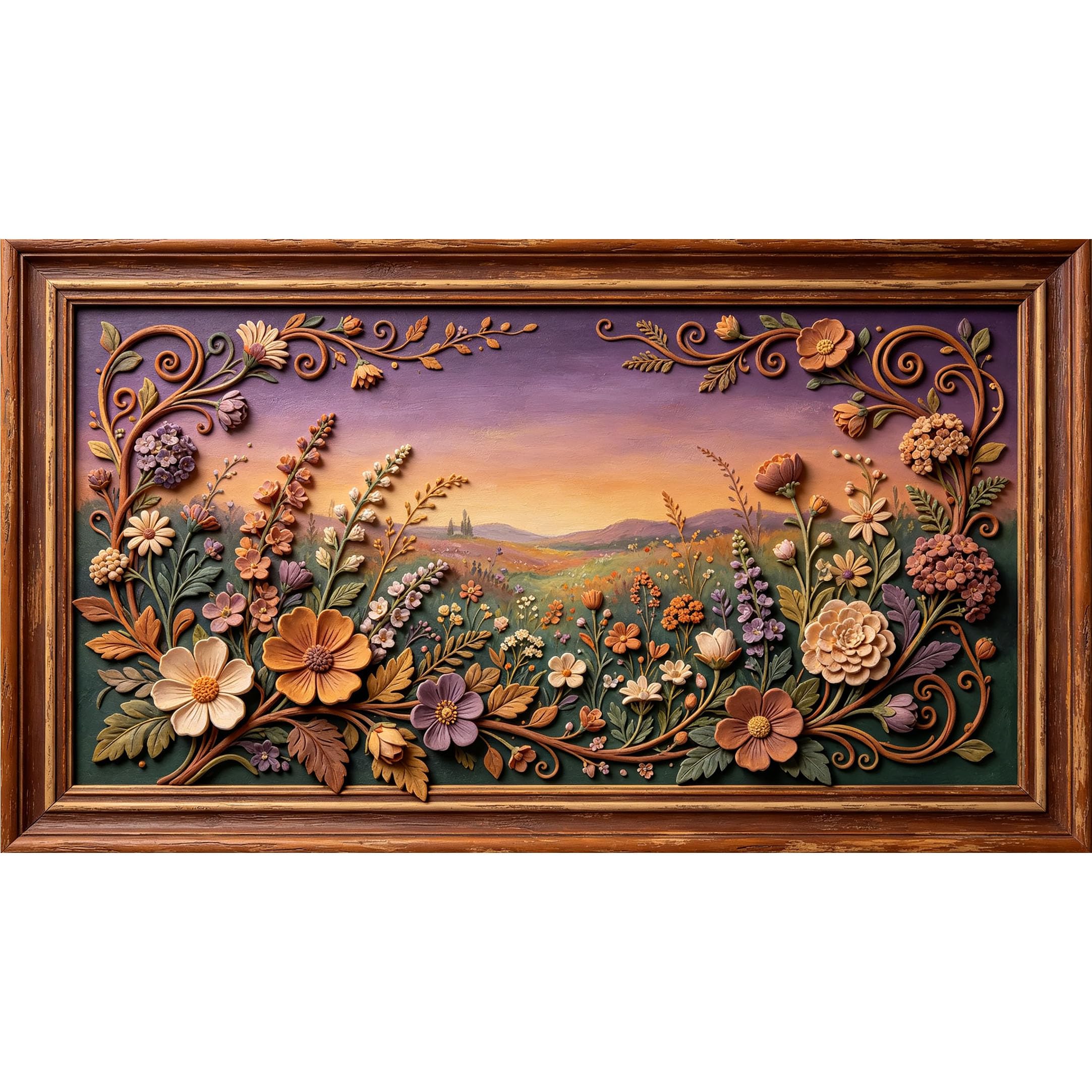 QZLITHOTIC 50×90cm3D Framed Wall Art， Botanical Sunset Field Sculpted Flowers SelfAdhesive Mural， WaterActivated Peel & Stick Fabric Decor Wall Decal for Bedroom Living Room