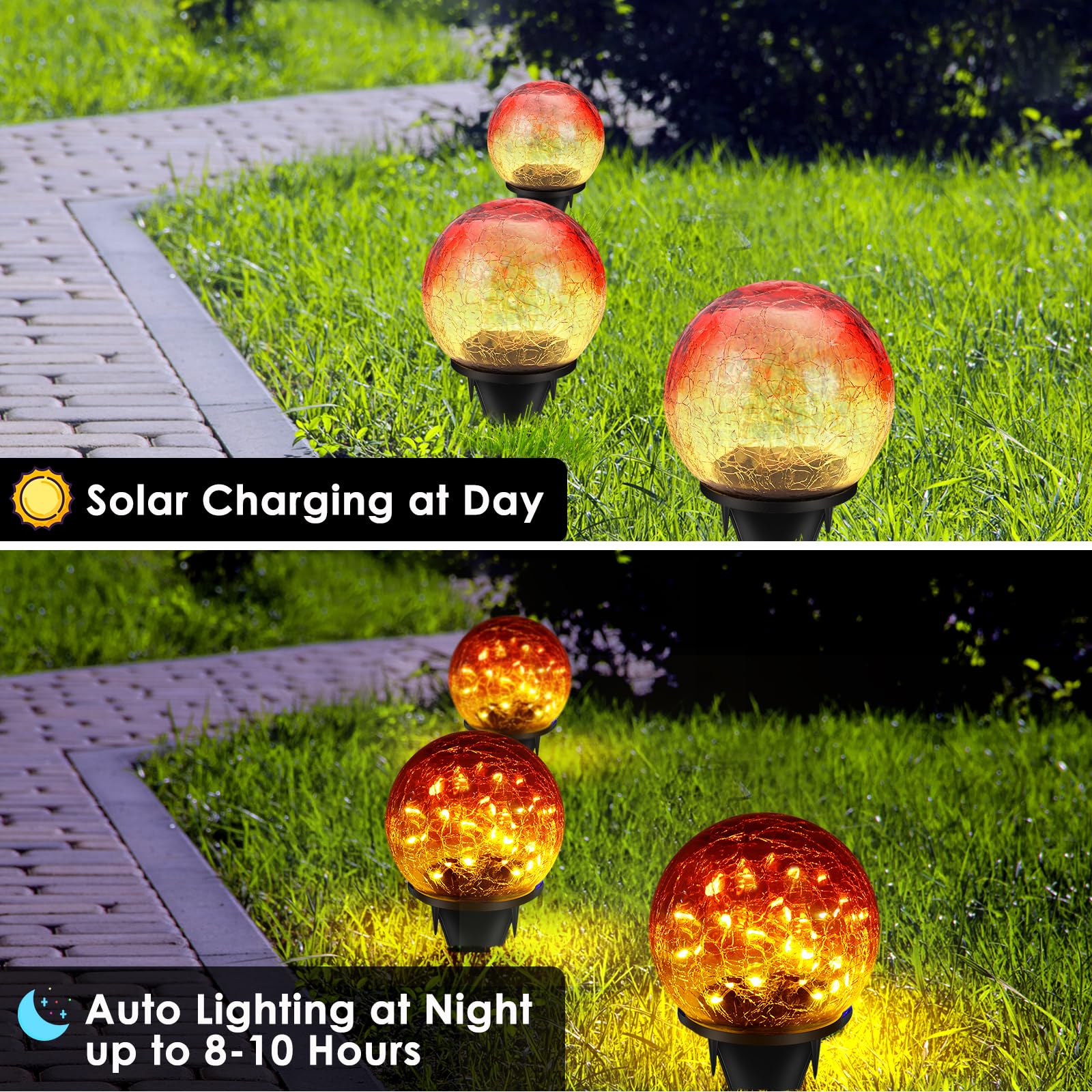 Paquete de 2 60 luces LED solares decorativas para exteriores, luces solares de cristal agrietado rojo degradado, luces de bola impermeables mejoradas para patio, camino, patio, césped