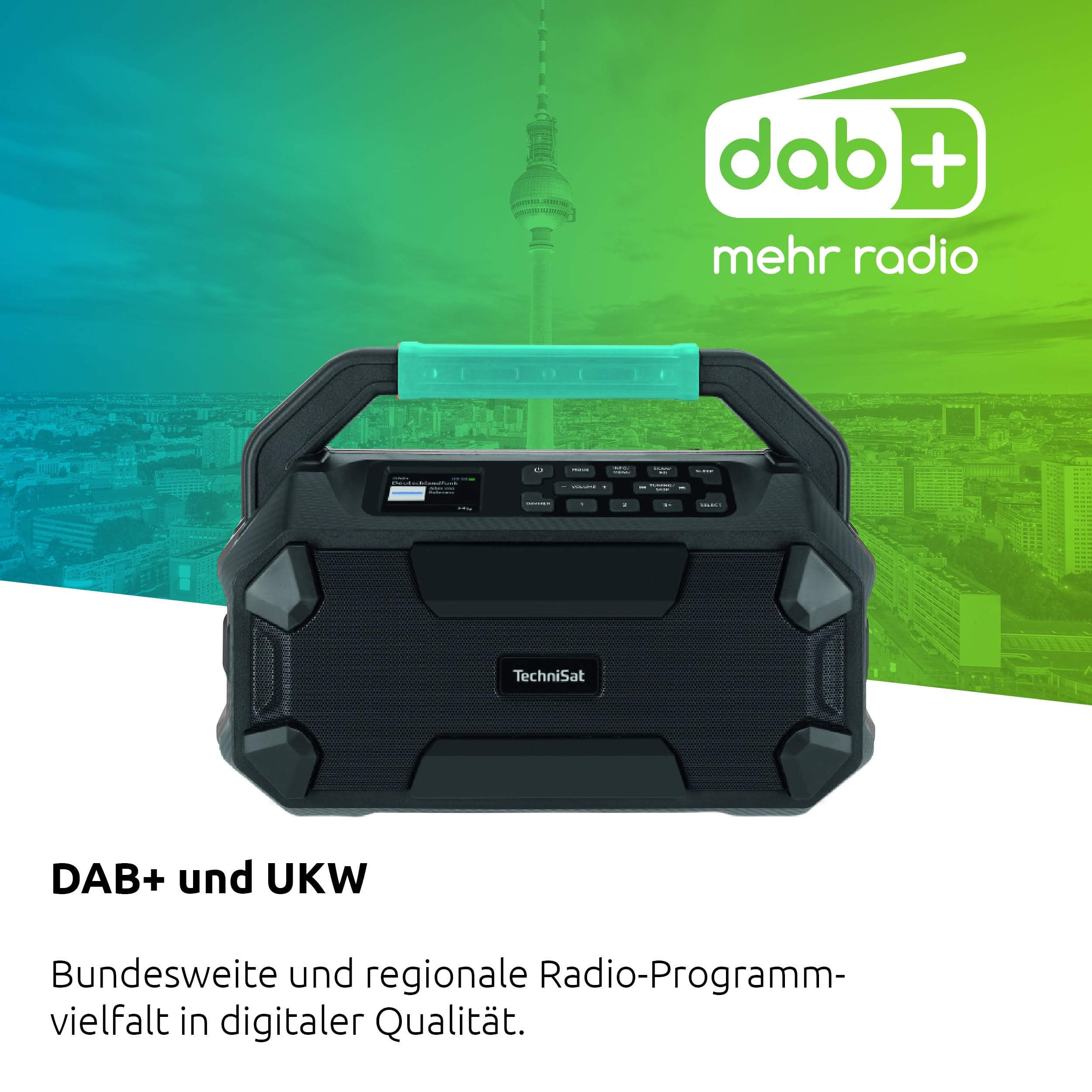 TechniSat Viola 231 OD – Radio Compatible con batería Makita (Dab+, FM, AUX in, Bluetooth, IPX4 a Prueba de Salpicaduras, 2 Altavoces estéreo de 15 W)