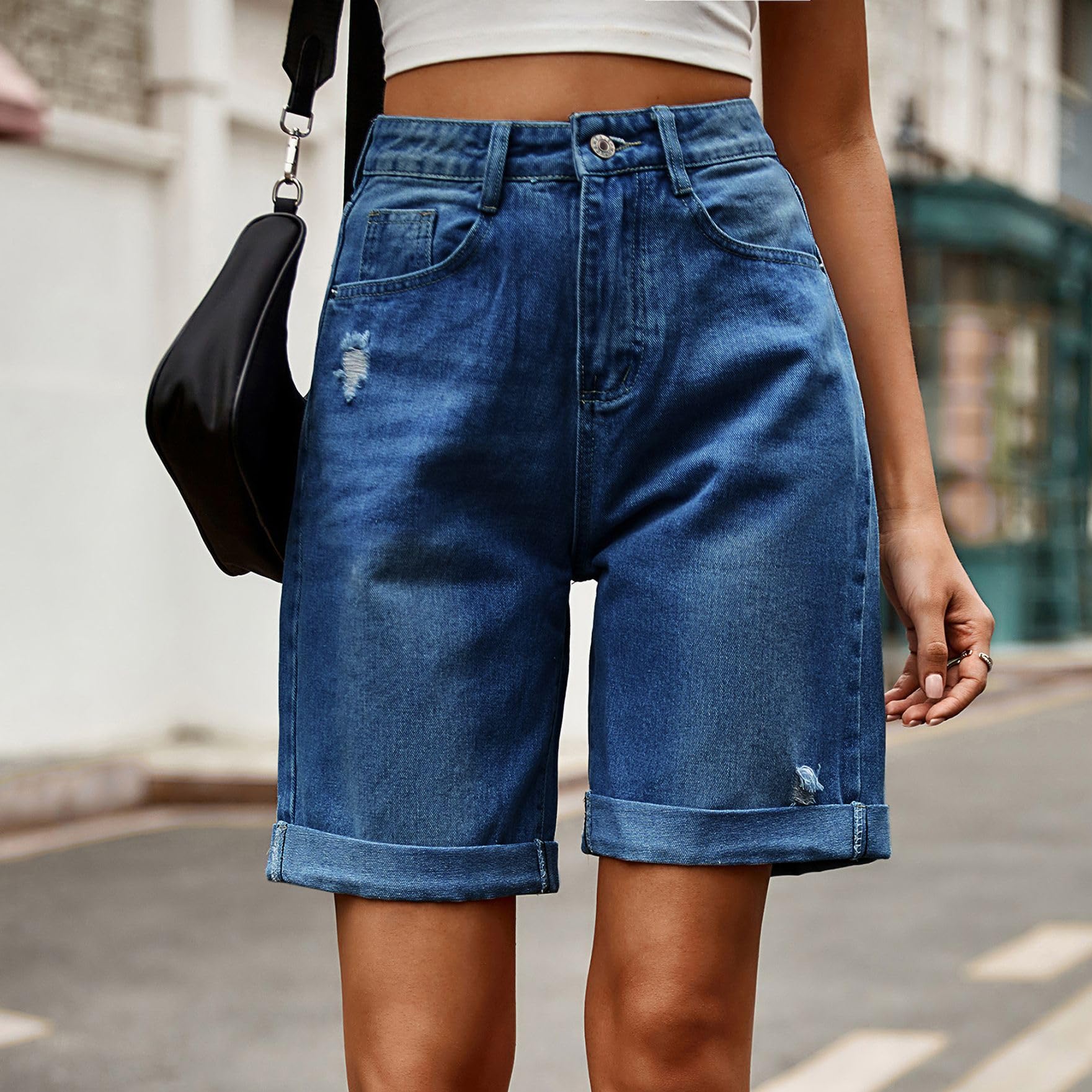 Short in Jeans Donna Bermuda a Vita Alta, Gamba Ampia, Risvolto, Cinque Tasche, Chiusura Bottone Zip, Casual