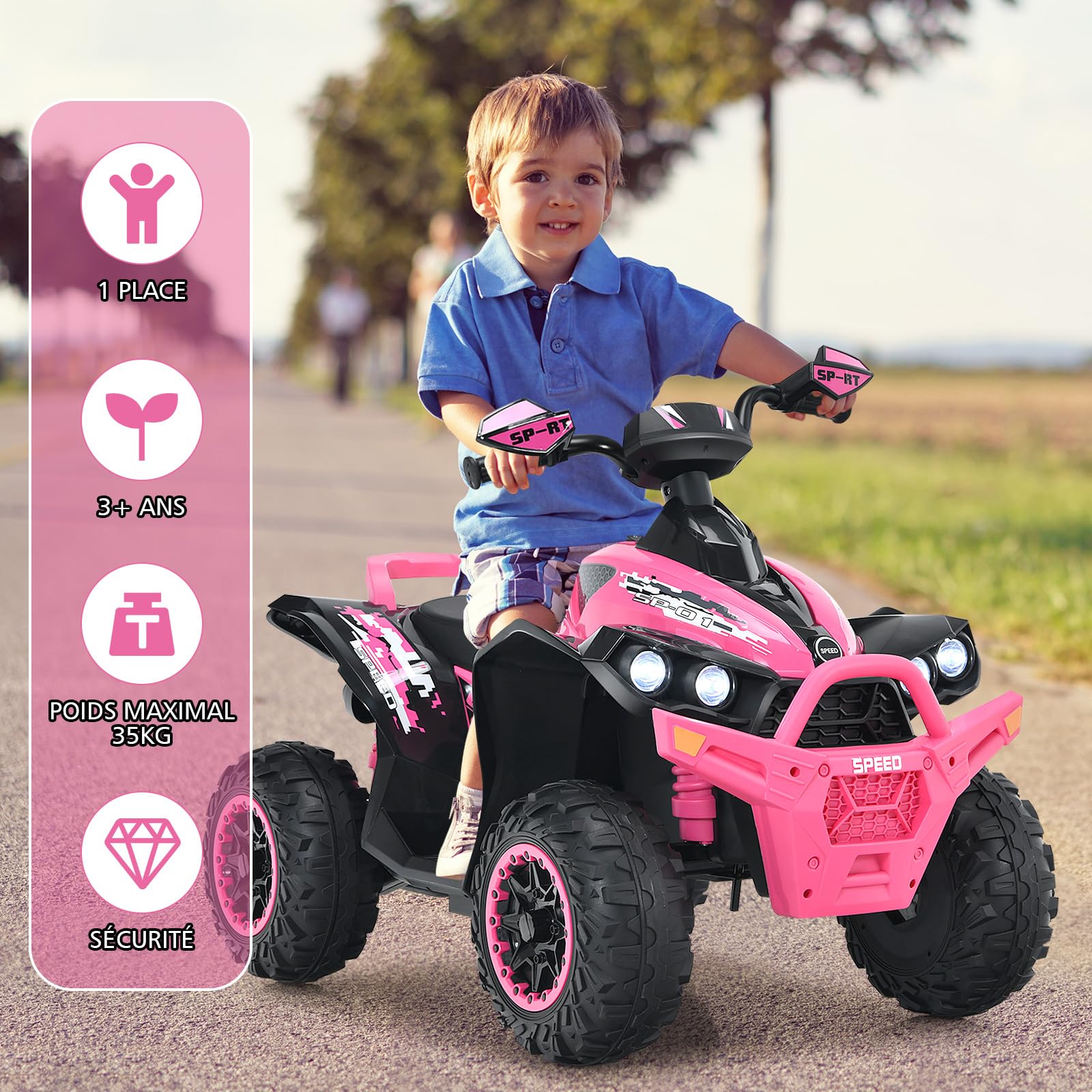 DREAMADE Quad Électrique Enfants 3-8Ans avec Vitesse Réglable,Voiture à Batterie 12V Multifonctions avec Marche Avant et Arrière,Lumières LED,Musique,Pédale,Klaxon,Charge 35KG (Rose)