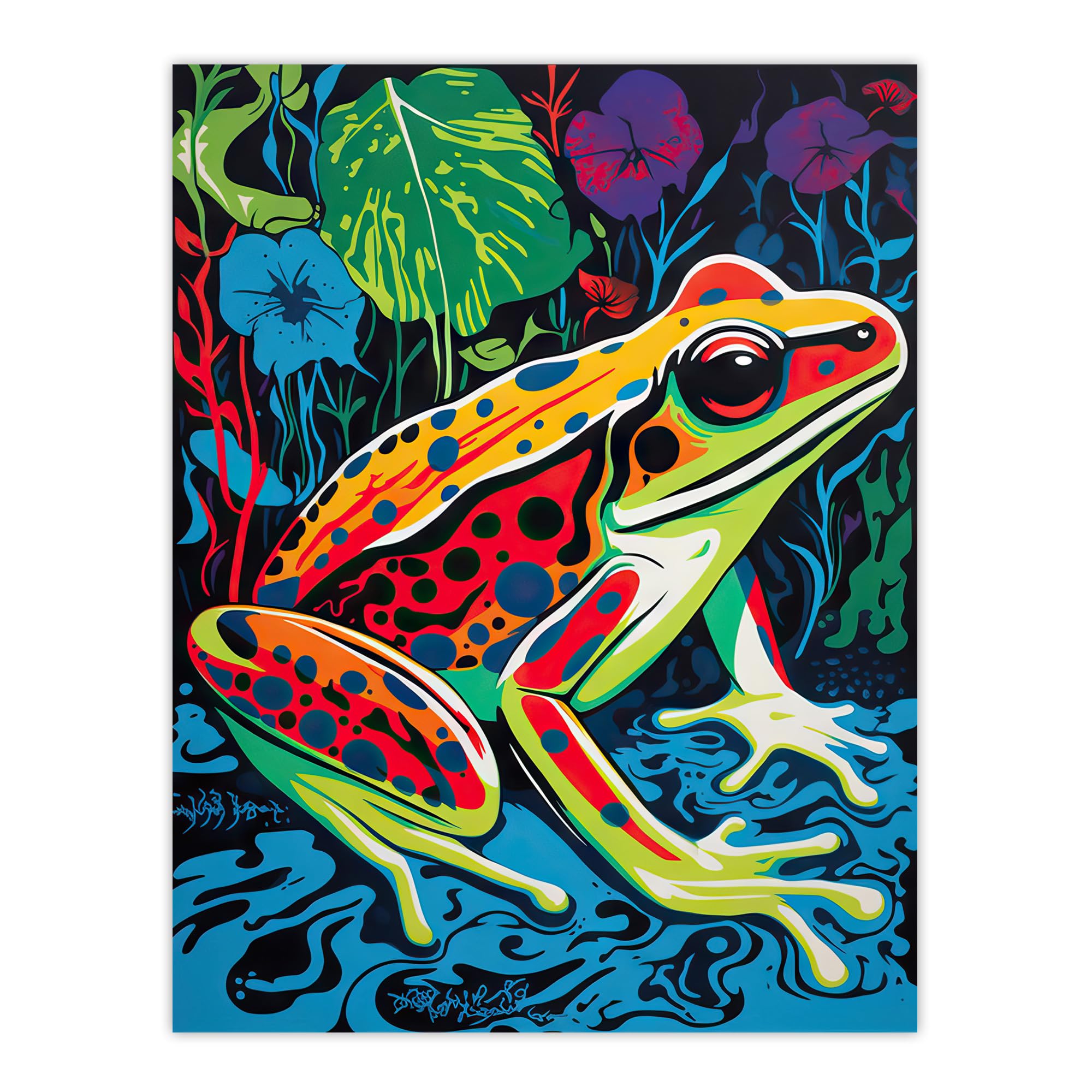 Artery8 Frog In A Pond Vibrant Bathroom Painting Animal Portrait With Bold Colours Extra Large XL Wall Art Poster Print
