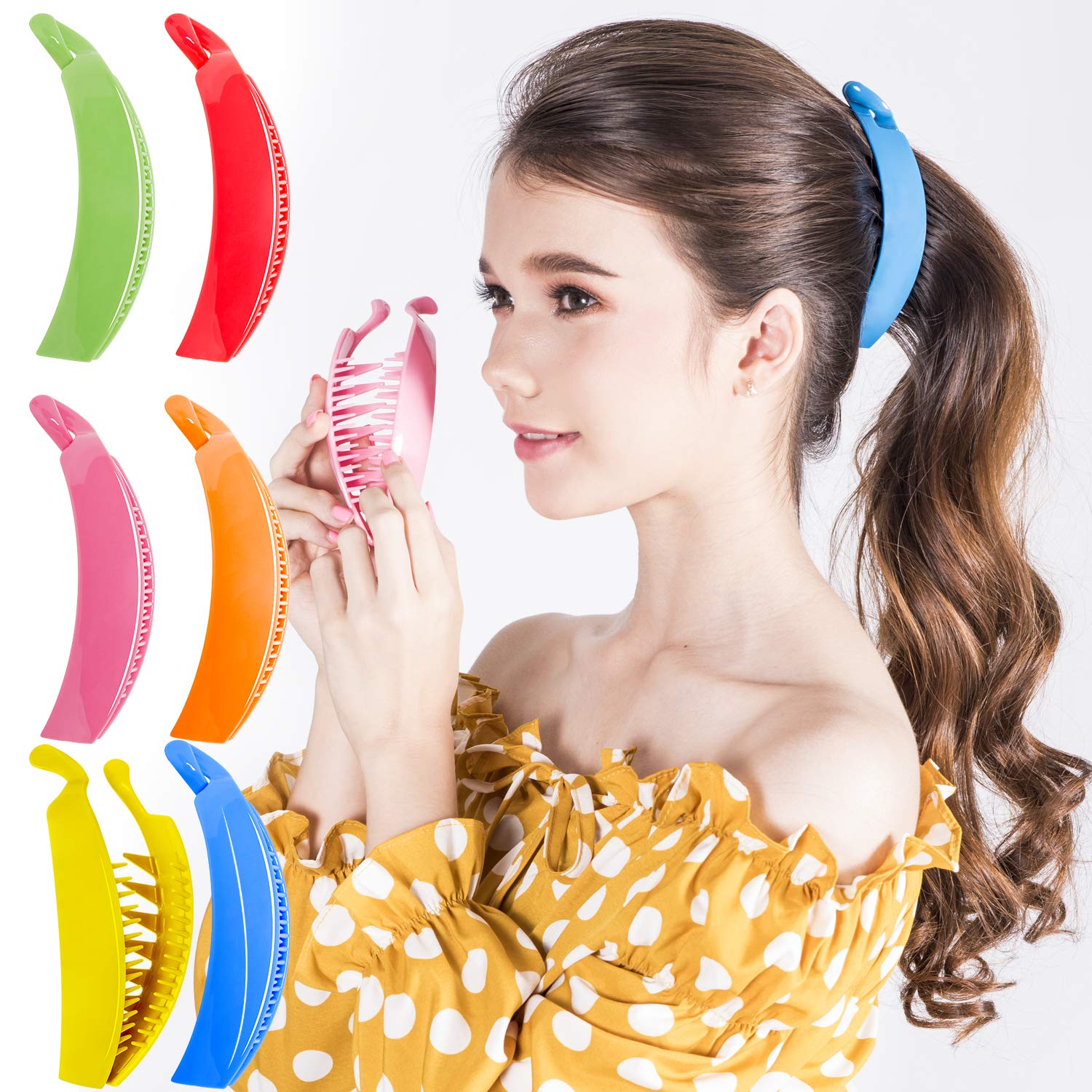 RC ROCHE 6 Stück Bananenspange Haare Banana Clip Damen, Groß Regenbogen | Große Form, Bananenklammer, Mehr Volumen, Starker Griff, für Dickes und Dünnes Haar, Hochstecken, Dutt, Arbeit, Alltag, Reise