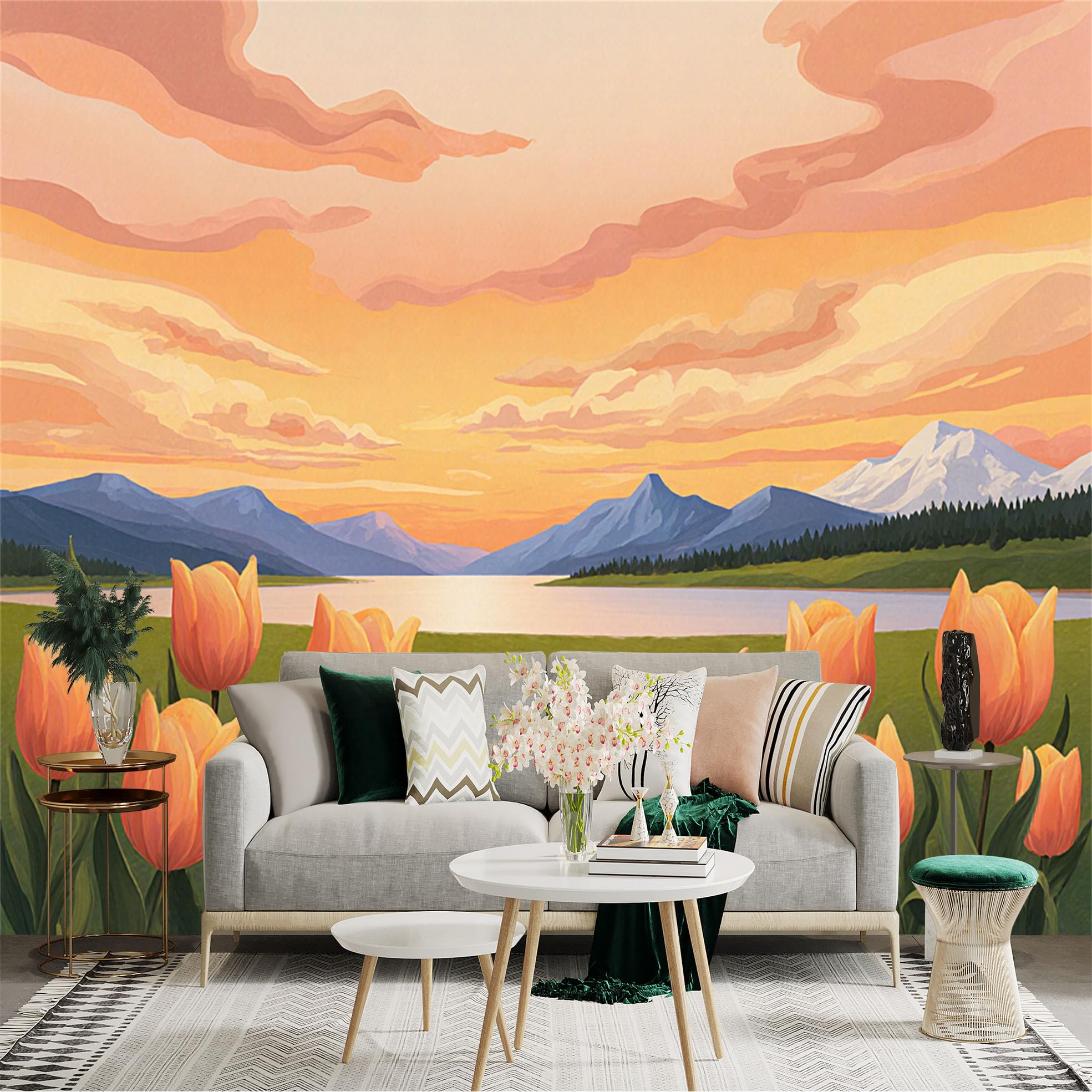 Custom Size Wall Sticker Mural， Sunset Landscape with Orange Tulips， Peaceful Lake and Distant Mountains， for wall Decoration， peelandstick wall Decals.