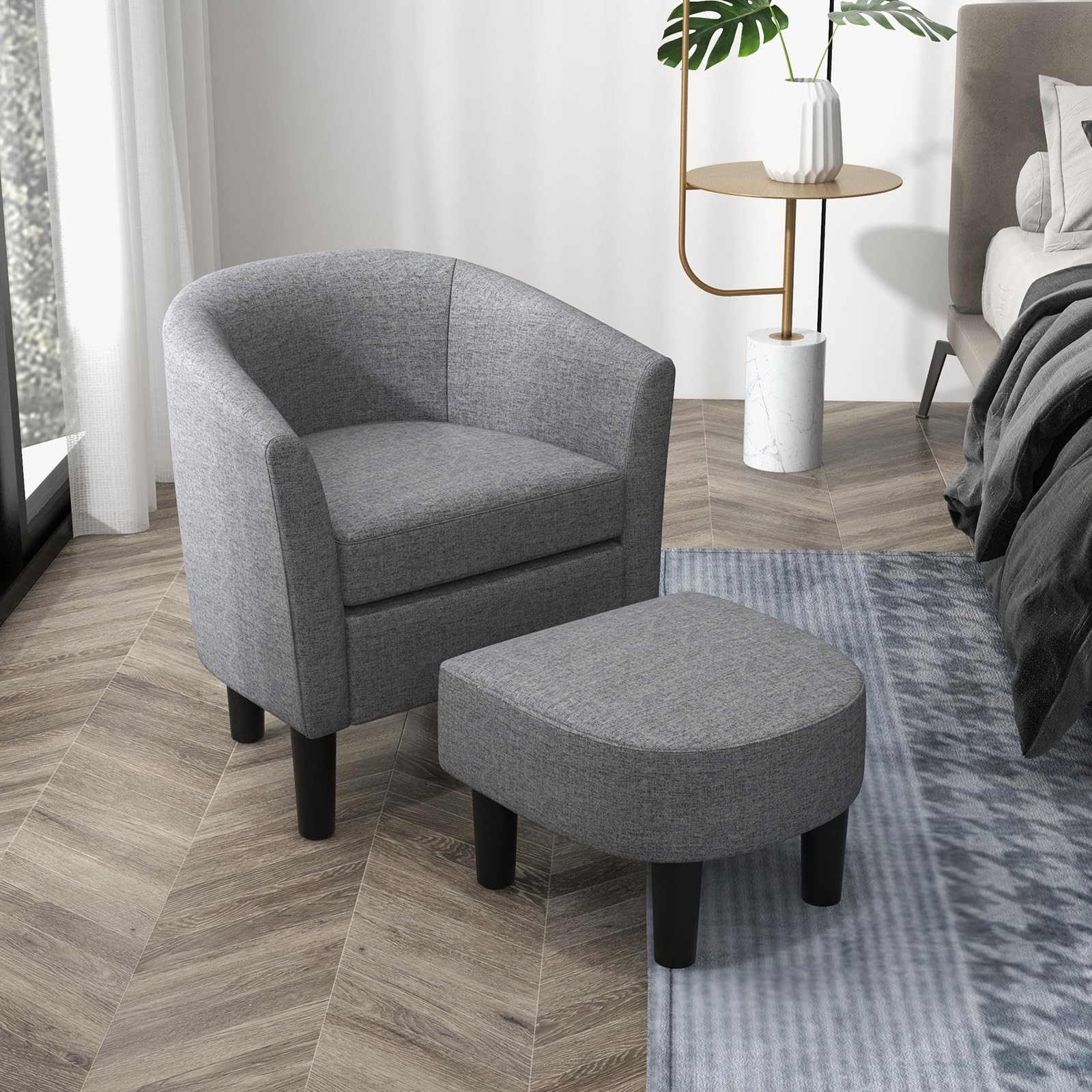 GOFLAME Barrel Accent Chair with Ottoman, Comfy Linen Fabric Accent Armchair with Footrest & Cushion, Upholstered Club Tub Sofa Chair & Footstool Set for Living Room, Bedroom, Reading Room, Grey