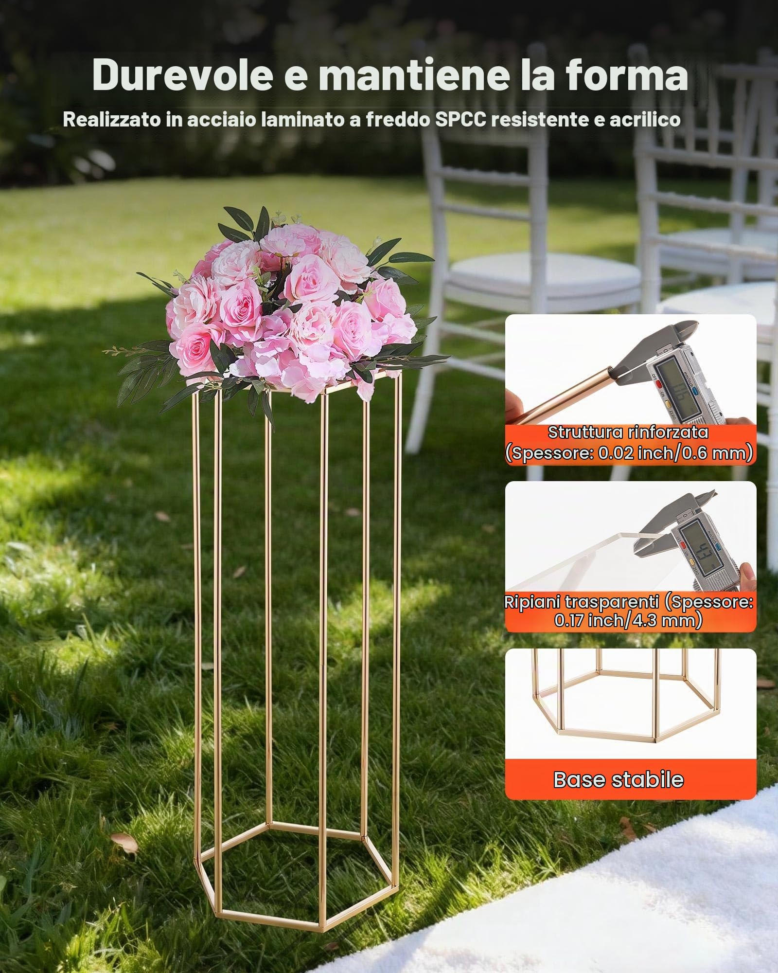 VEVOR Portafiori da Matrimonio 10 Pezzi da 80 cm, Cubico Esagonale con Laminato Acrilico, Espositore Floreale Cubico Cilindrico per Matrimoni, Feste, Compleanni, Casa, Centrotavola Oro Francese