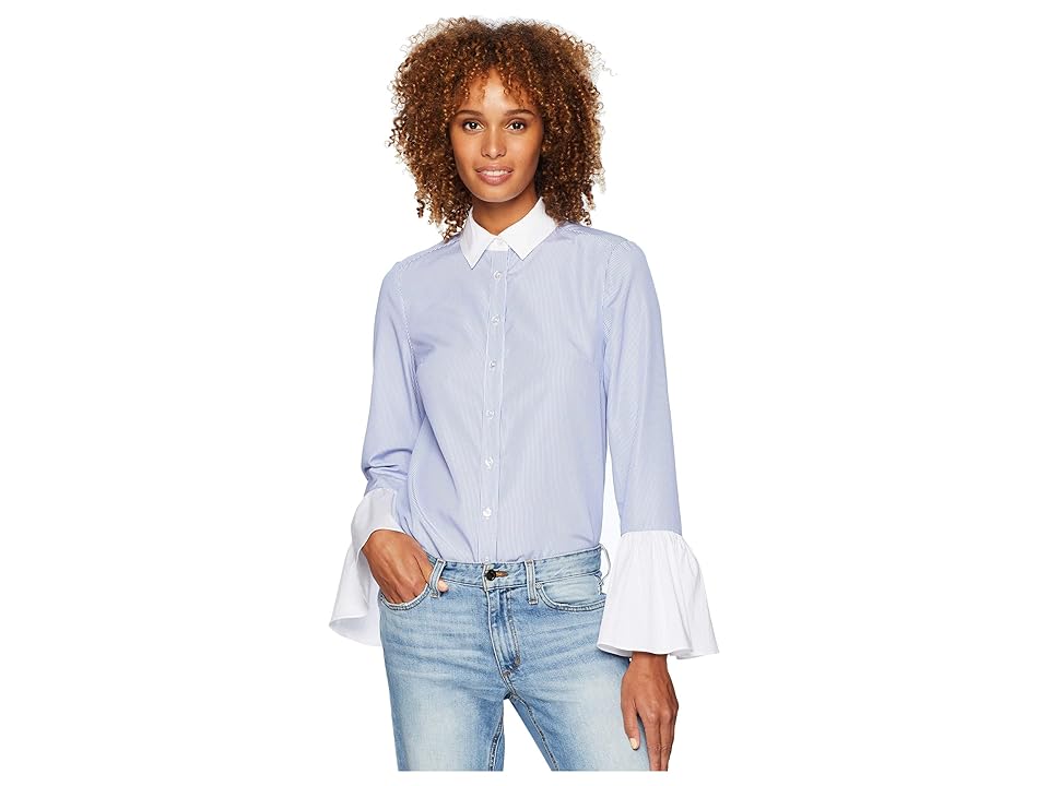 

eci Long Flounced Sleeve Button Down Shirt (Blue/White) Women's Long Sleeve Button Up