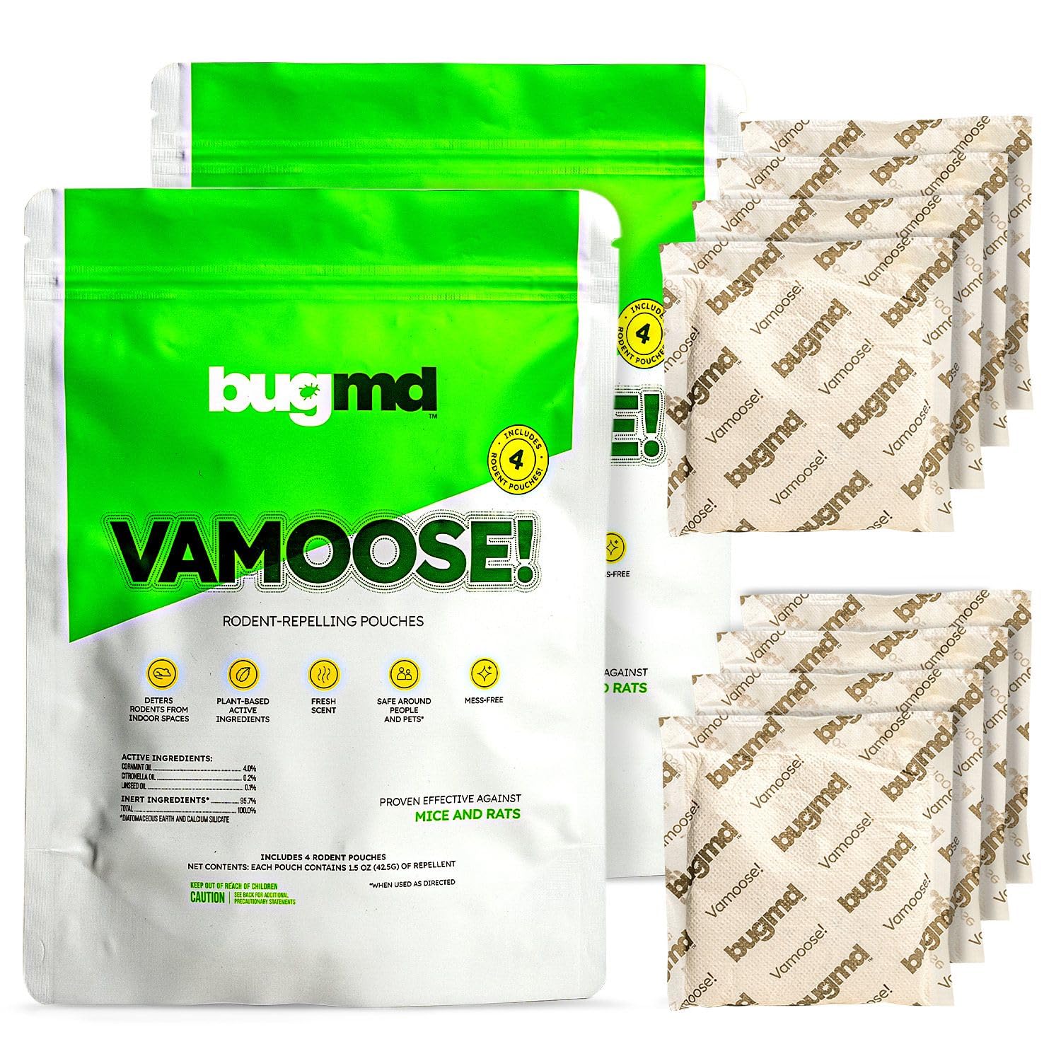 BugMD Vamoose Rodent Repellent Pouches (2 Pack, 8 Pouches) – Plant-Powered Rat Repellent