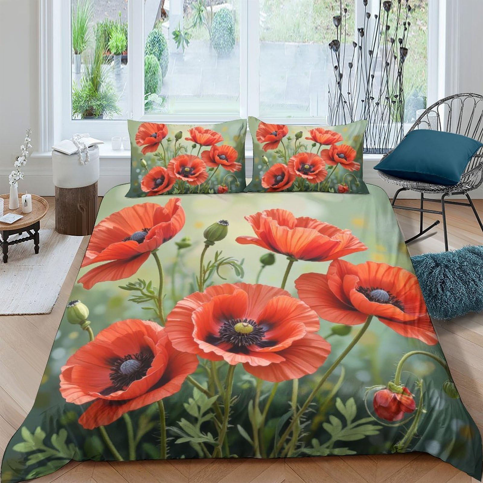 Ctjqhvkz Style-9 3D Printed Red Poppy Flower Fitted Sheet Microfiber Artistic Floral Meadow Mattress Cover For Bedroom Guest Room Decor Single（135X200cm）