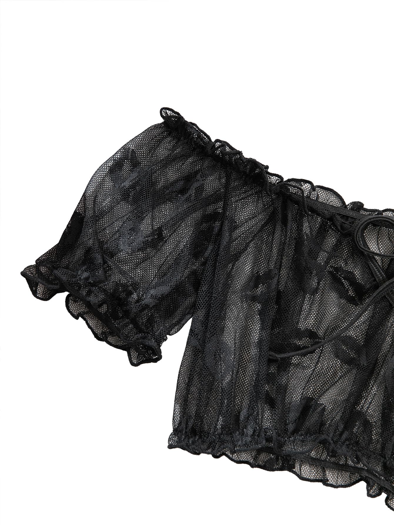 Lilosy Sexy Stretch Ruffle Tie Sheer Mesh Lingerie Set Outfits: 2X-Small Lips Sheer Black