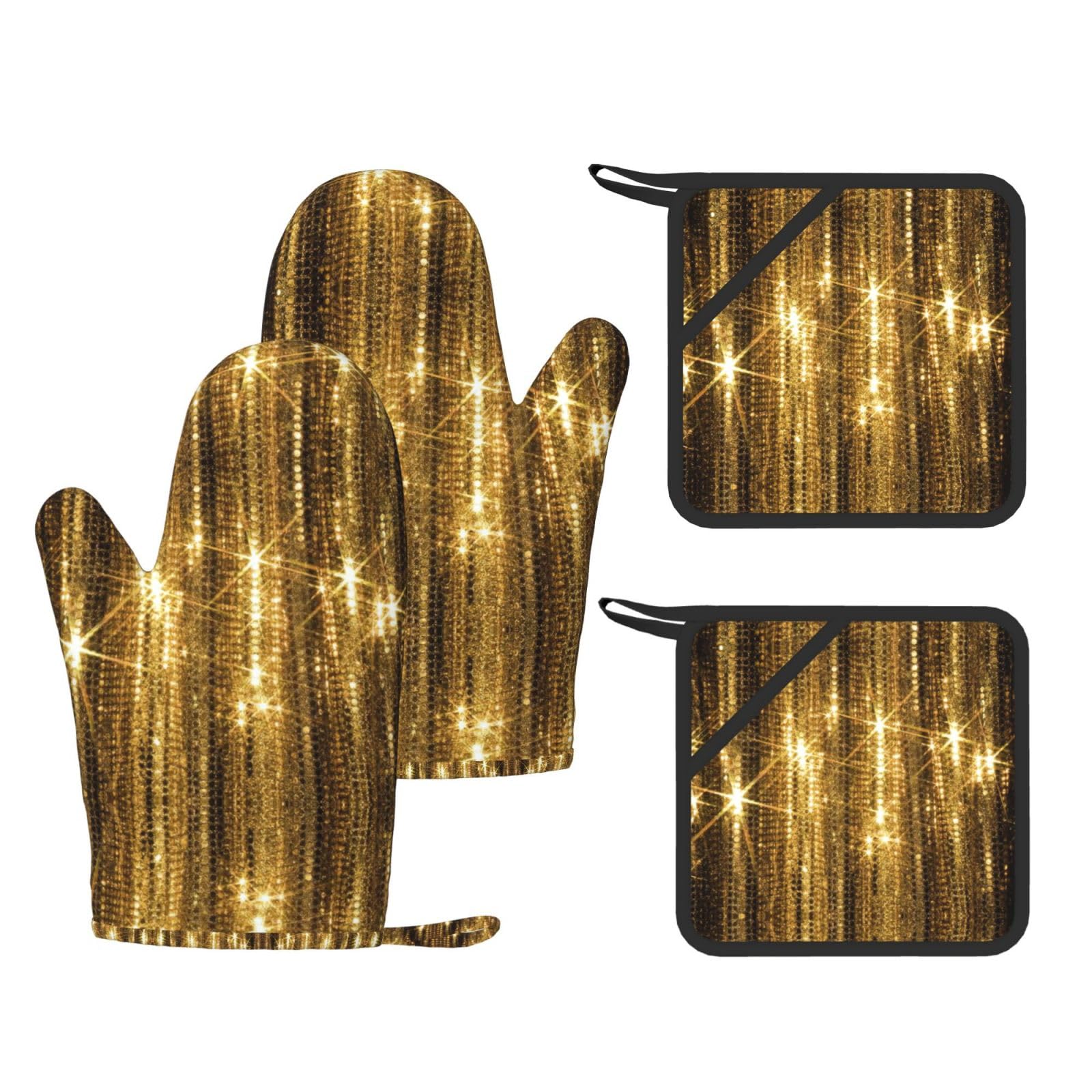 Gold Sequin Sparkle Printed Cooking Mitts and Pot Holders 4 Pcs, Heat Resistant Oven Gloves with Hanging Loop Chef