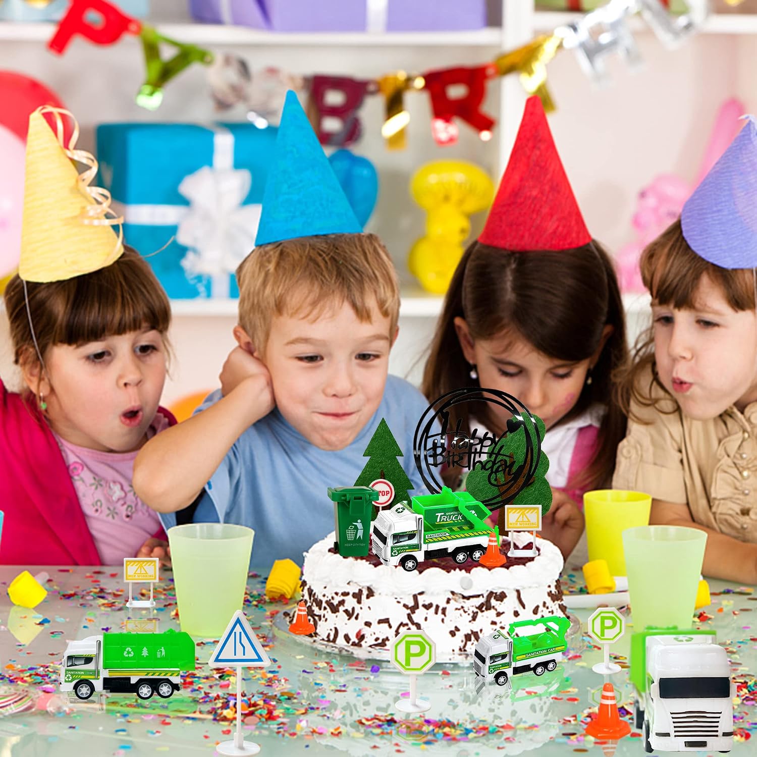 17PCS Garbage Truck Cake Topper Trash Truck Cake Decorations Trash Can Birthday Party for Party Supplies