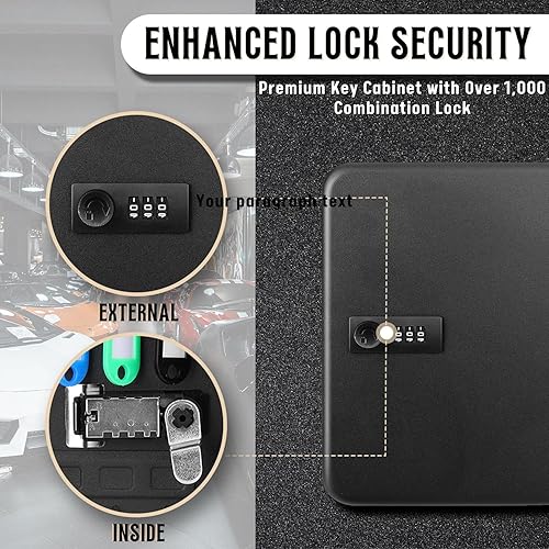 Miniatura 4 de Flexzion Caja para llaves de pared con código, caja de almacenamiento de llaves negra con cerradura de combinación, caja organizadora de llaves