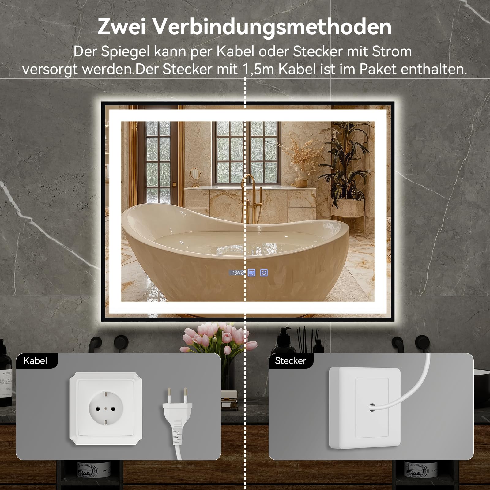 YU YUSING Badspiegel mit Beleuchtung 70x50cm Badezimmerspiegel LED Mit Uhr | Beschlagfrei, 3 Lichtfarbe Dimmbar, Wandspiegel Metallrahmen mit Touch-Schalter, LED Spiegel mit IP44, Vertikale Schwarz