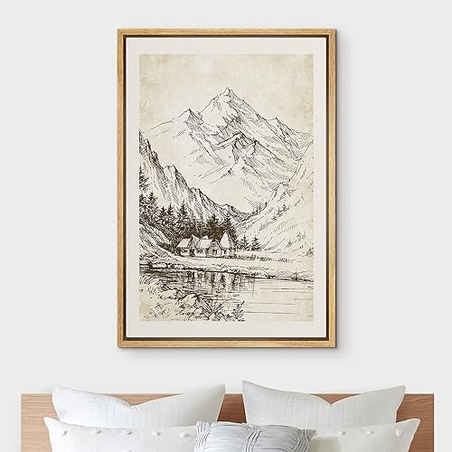 Miniatura 3 de IDEA4WALL Lienzo enmarcado para pared, casa y lago bajo montaña, naturaleza, ilustraciones de área silvestre, bellas artes, elementos decorativos