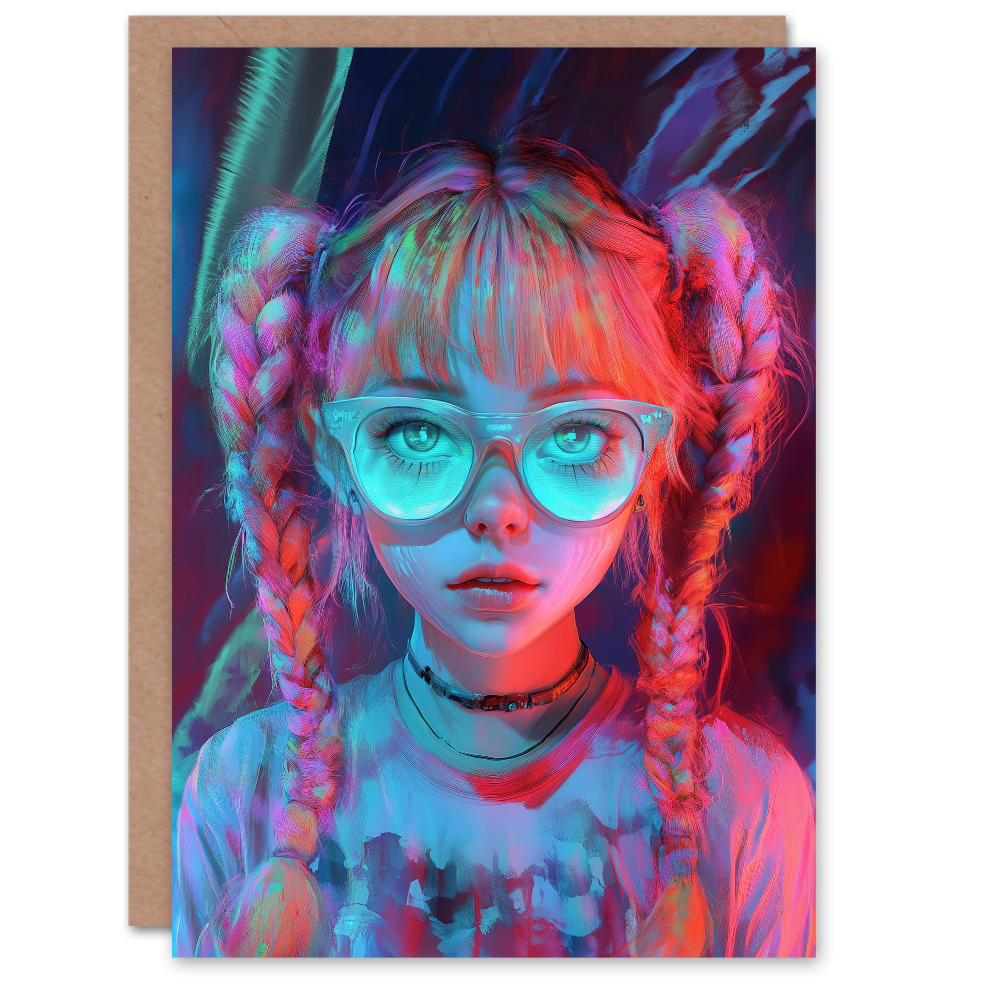 Artery8 Greeting Card Nerdy Girl Braid Pigtails Glasses Neon Pink Blue For Child Kids Birthday Card