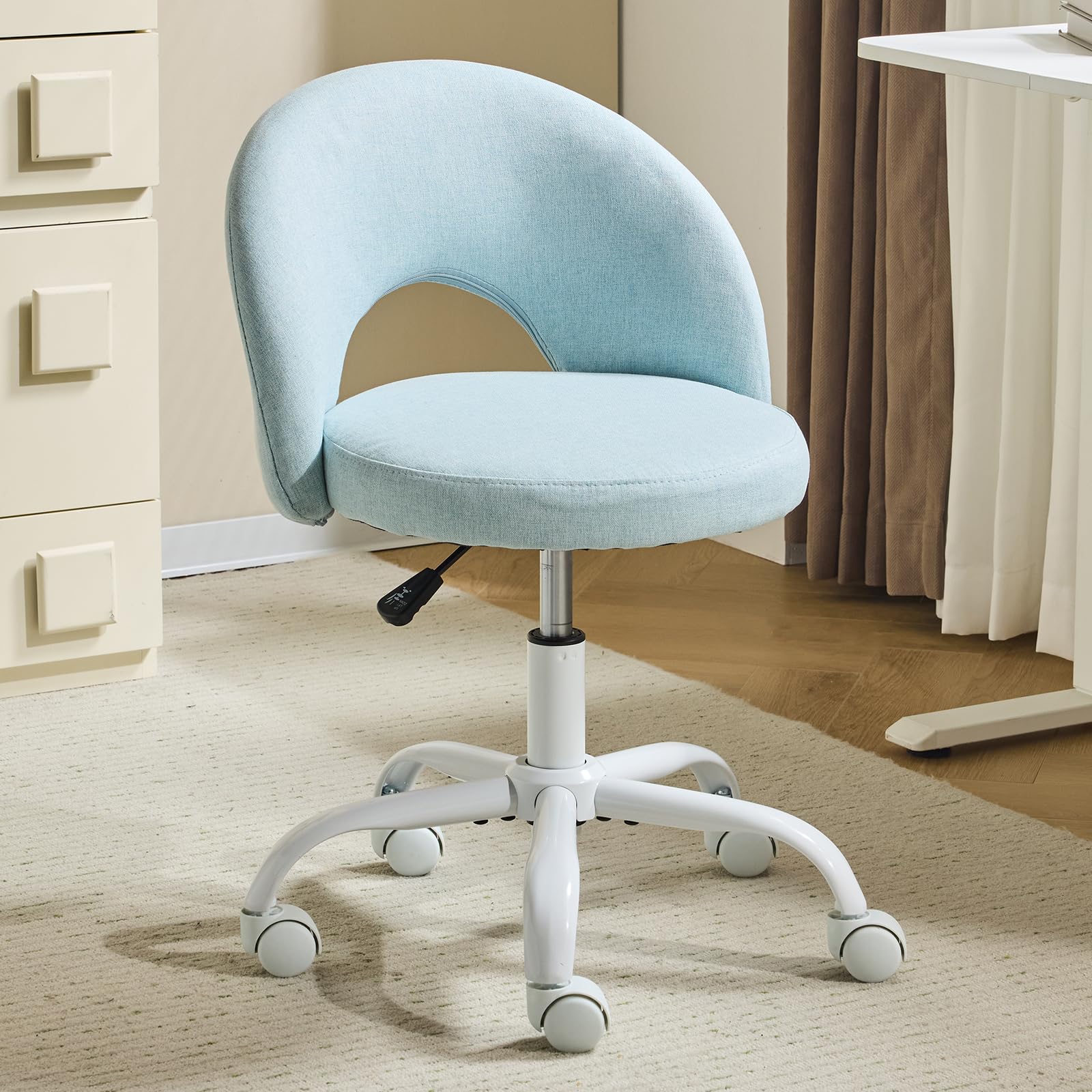 Bonnlo Comfy Vanity Chair with Wheels Small Office Chair Modern Swivel Dressing Table With Adjustable Height for Home Office, Bedroom, Dressing Room, Fabric, Blue