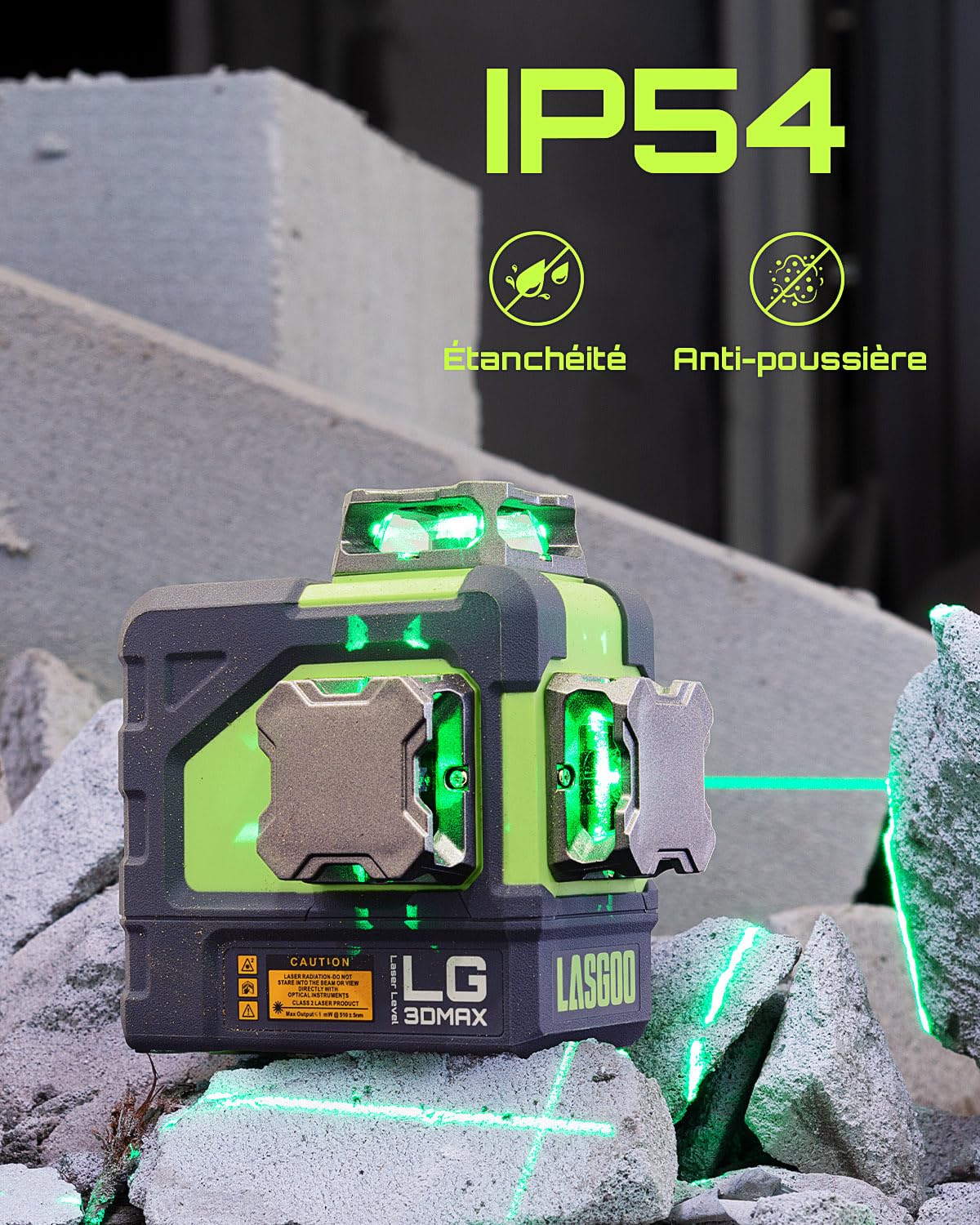 LasGoo LG-3DMAX Niveau Laser 3x360° Vert, Laser Croisé Auto-Nivellant 3D, 2 Batteries Lithium Rechargeables, Adaptateur de Réglage, Lunettes et Étui Rigide
