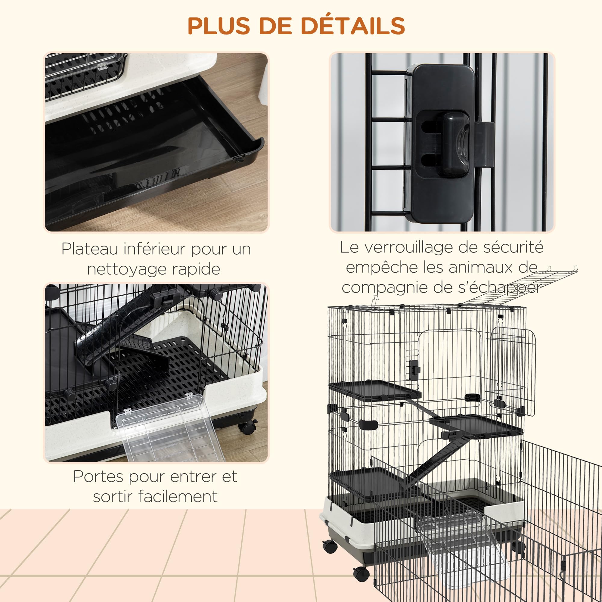 PawHut - Jaula para animales pequeños (3 rampas, 182 x 81 x 114 cm), color negro | 3 Plataformas Desmontables, Bandeja Inferior Desmontable, Metal PP, Jaula Hurón