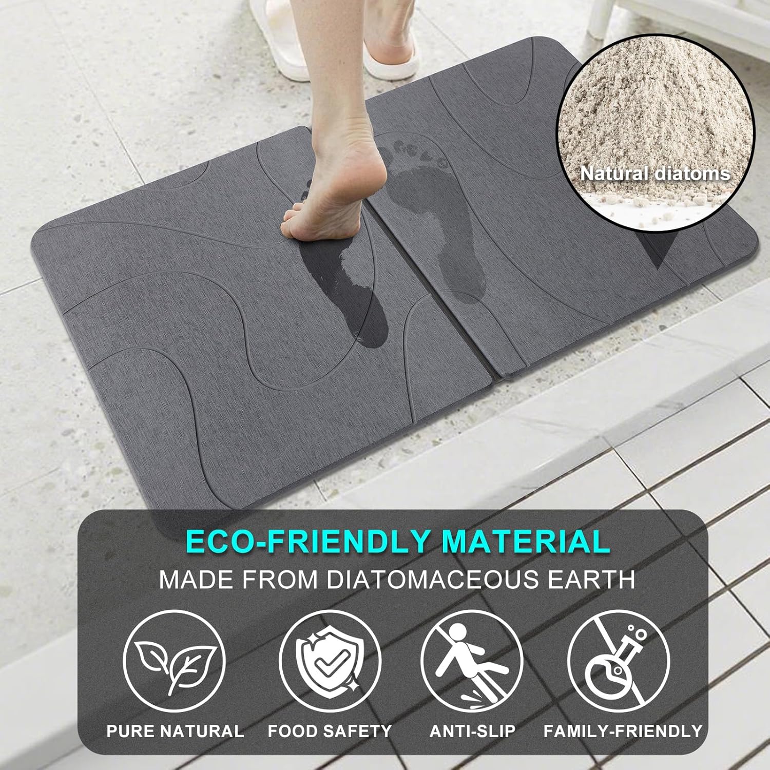 Diatomaceous Earth Bath Mat, 24"x16" Absorbent Stone Bath Mat for Bathroom, Quick Dry Foldable Diatomite Stone Mat, Non-Slip Magic Stone Dish Drying Mat for Kitchen Counter, Pet & Plant