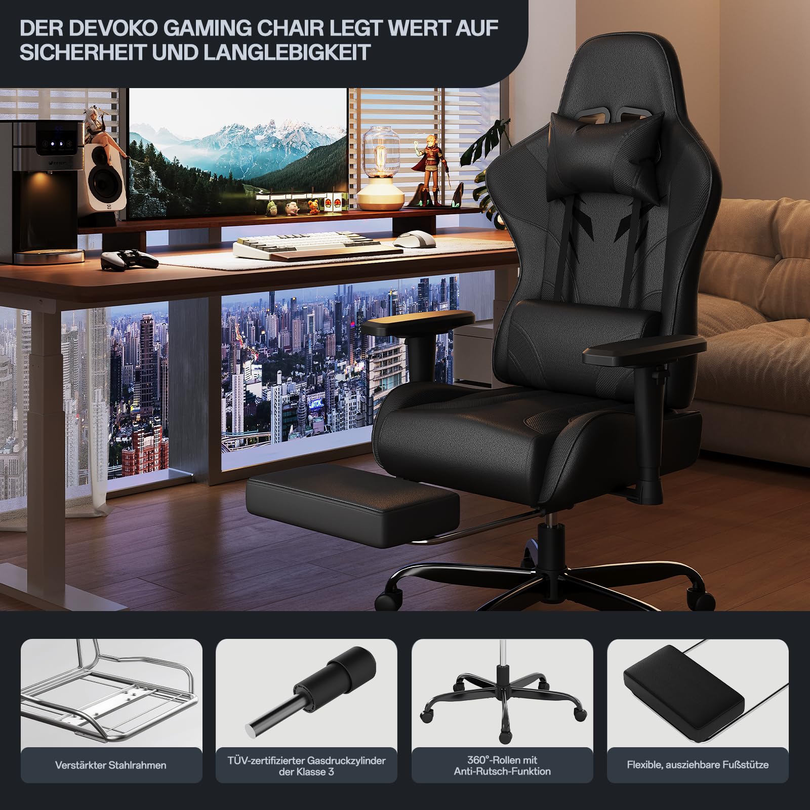 JUMMICO Sedia da gioco con braccioli regolabili in 2D, ergonomica, con poggiapiedi, portata 150 kg, colore: nero