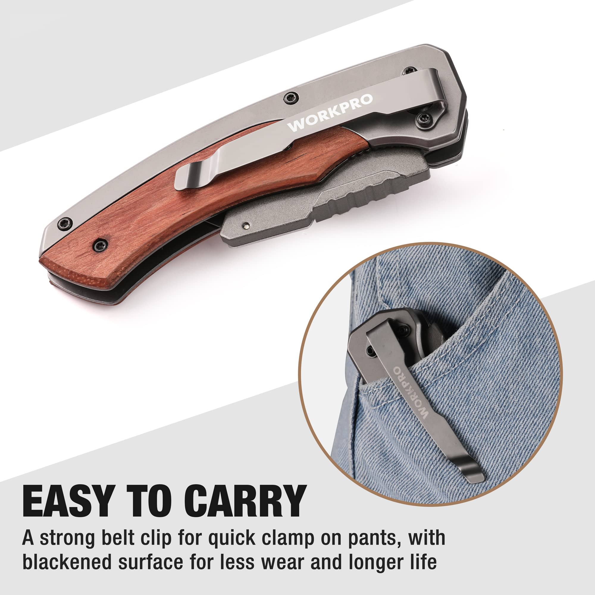WORKPRO Składany Nóż Uniwersalny/Składany z Drewnianym Uchwytem, Nóż do Dywanów/Cutter z Klipsem do Paska i Mechanizmem Liner-Lock, Wraz z 10 Ostrzami Zapasowymi