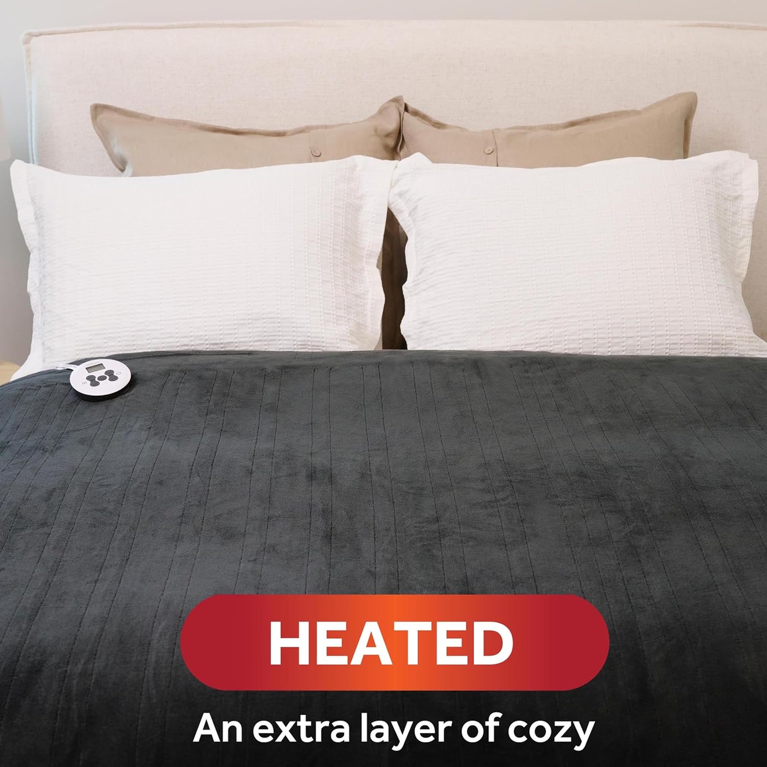 Sunbeam Electric Royal Luxe Microplush Heated Blanket, 12 Heat Settings, 12-Hour Selectable Auto Shut-Off, Fast Heating, Warm and Cozy, Night Fog Color, King, 90" x 100"