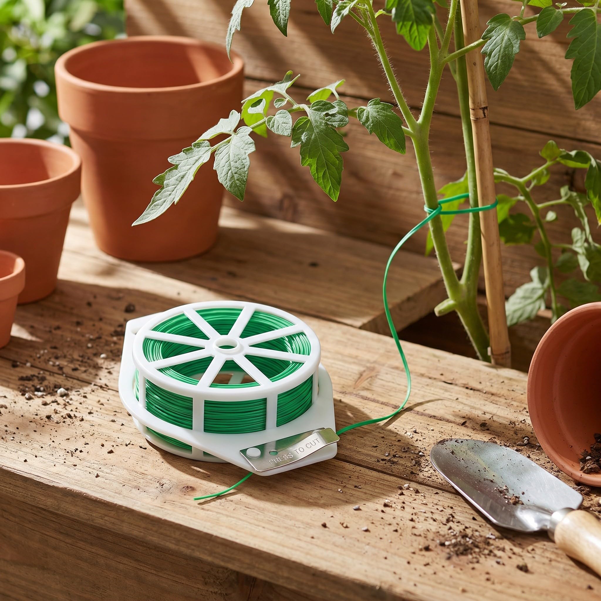 Operitacx 3 Pezzi di Filo Floreale Verde con taglierina: 200 Metri di Filo da Giardino Rivestito in plastica - Fascette riutilizzabili per Fissare Piante da Esterno, Piante da Giardino, pomodori e