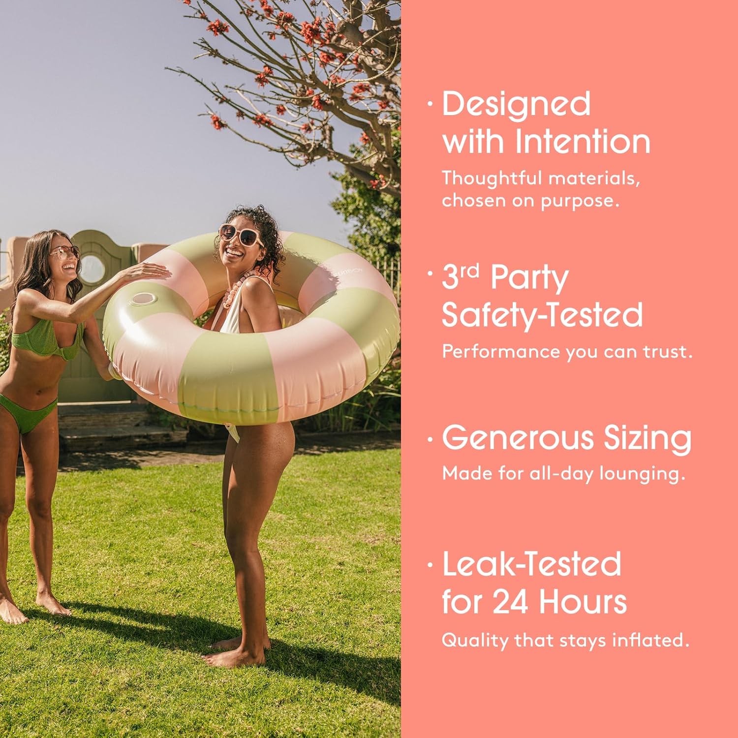 FUNBOY Giant Pink & Green Stripe Inflatable Pool Float with Cup Holder, 48" Adult Inner Tube Swim Ring Pool Lounger