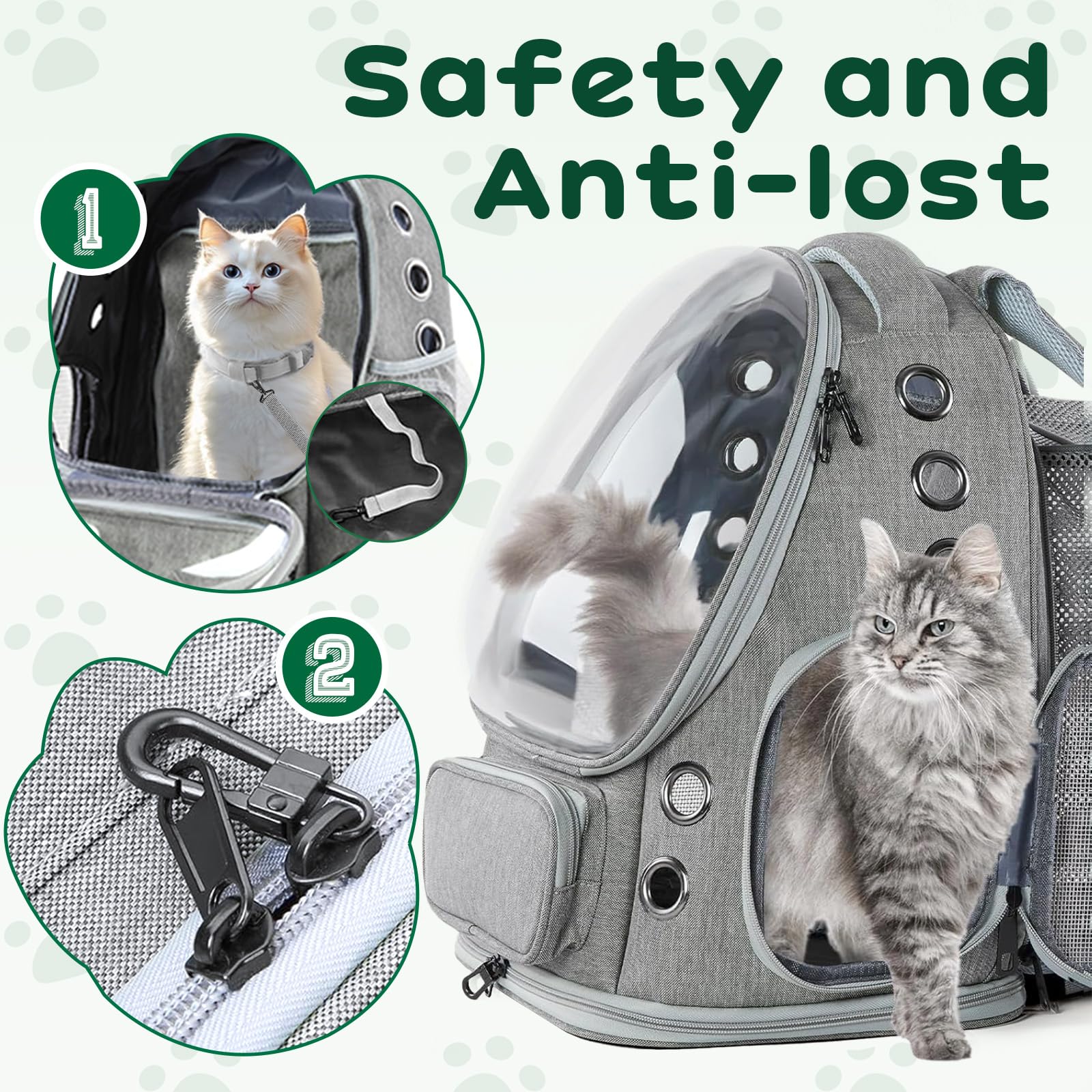 Erweiterbar Katzenrucksack mit Fenster Katzenrucksack Hunderucksack Geeignet für 3–5 kg Katzen Cat Backpack mit Innerer Sicherheitsleine und Haustiermatte für Auto Wandern Grau 42x32x24-57cm