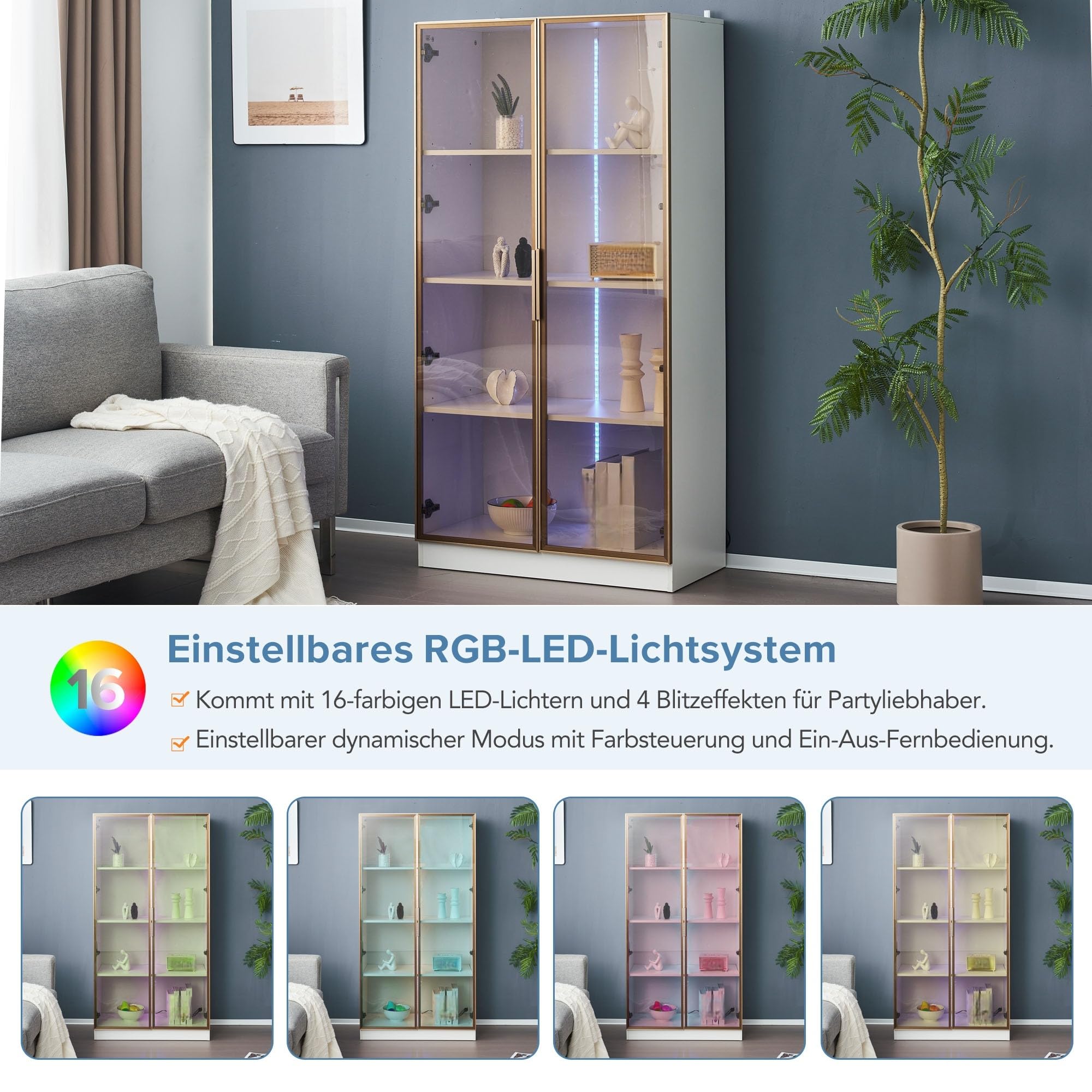 Rtopsu Vetrina Espositiva in Vetro Bianco con Illuminazione a LED a 16 Colori per Collezionismo, Vetrina con 2 Ante e Ripiani Mobili, Libreria Armadio Alto per Soggiorno Camera da Letto, 160x80x40 cm