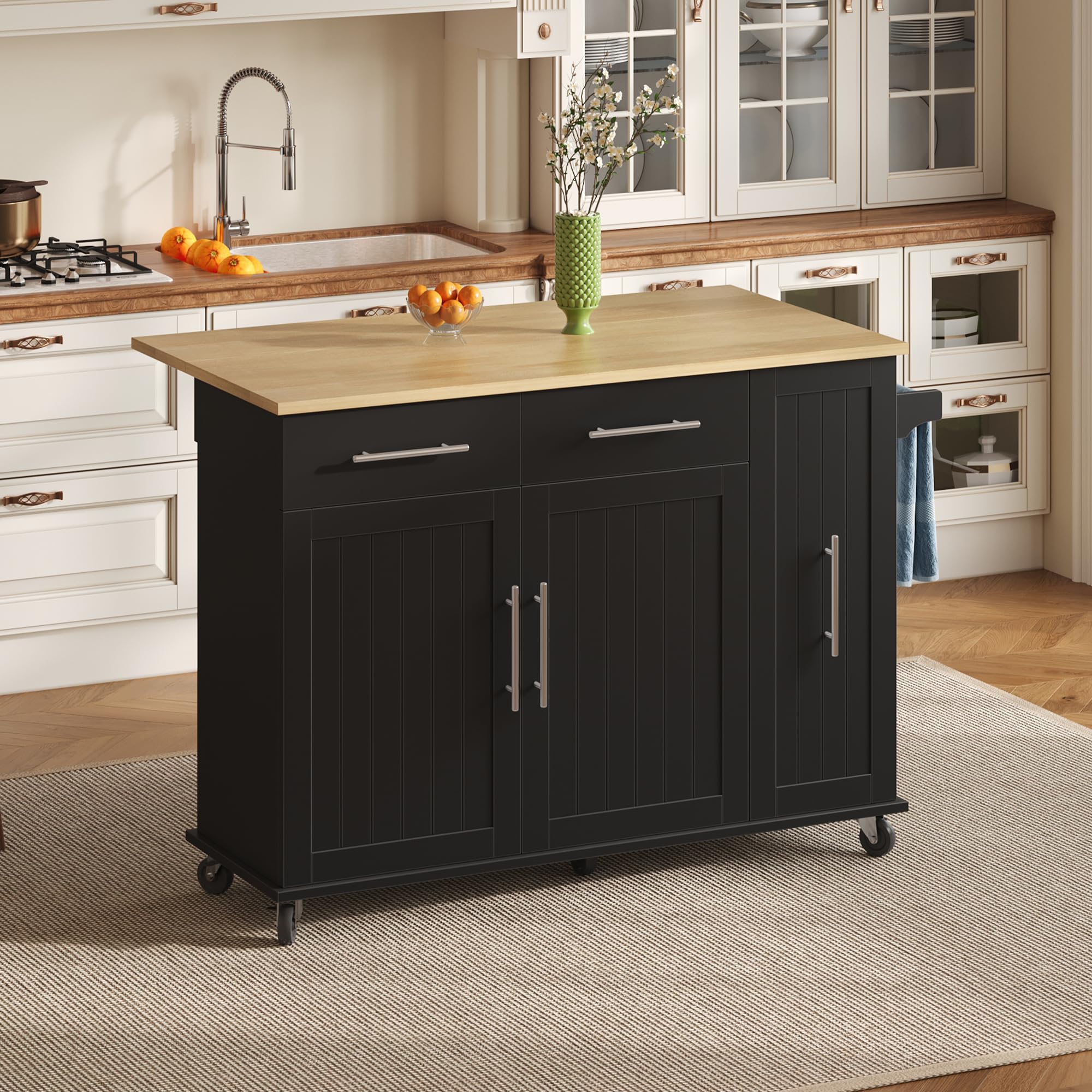 Merax Kitchen Island Storage Cabinet Cart on Wheels with Drop Leaf 40-65cm, Rolling Kitchen Trolley with 3-Tier Pull-Out Storage Organizer,Internal Storage Rack, Towel Rail, Lockable Castors, Black