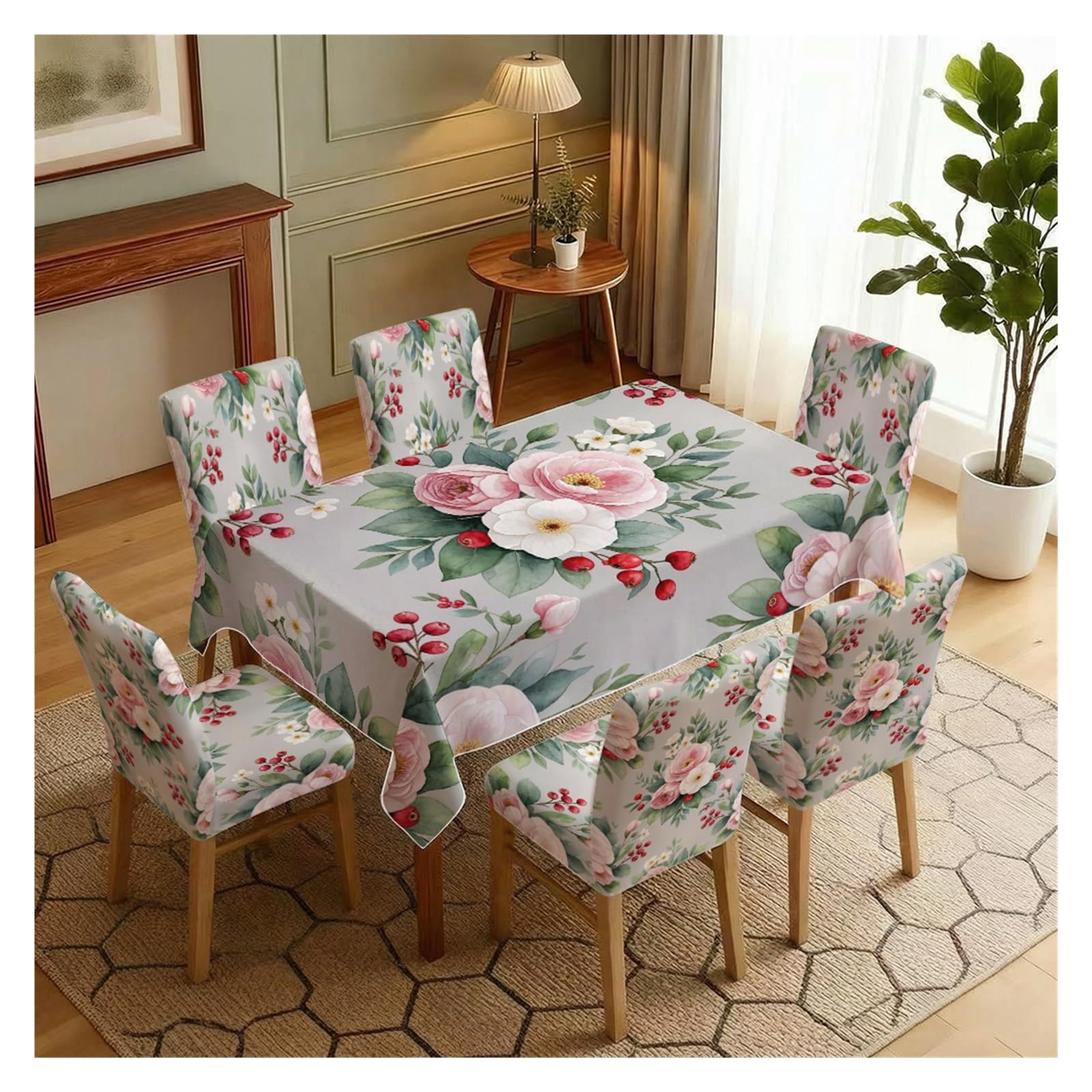 BOSUYBN Soft Watercolor Pink Peony Berry Floral Dining Tablecloth & Chair Covers Set, 5/7 Piece Fresh Cottagecore Farmhouse Dining Room Home Decor Table Setting(7pcs Set: Tablecloth+Chair Covers)