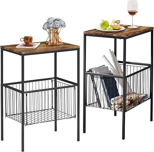 VECELO 2 juegos de mesa auxiliar alta con cesta de metal, mesita de noche con estante organizador de almacenamiento, mesita de noche de madera con